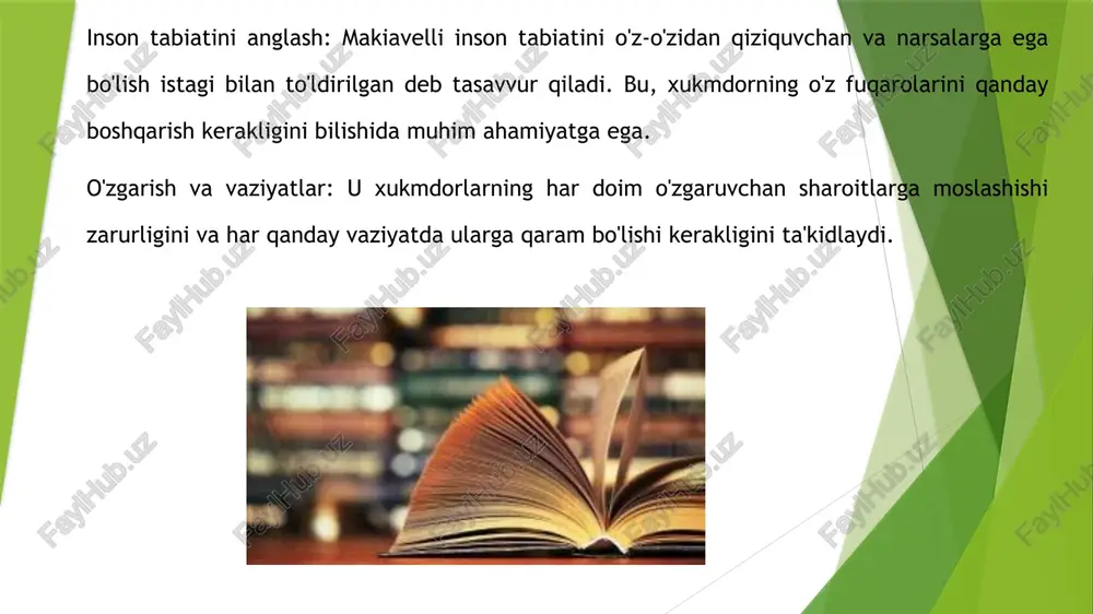o'llash kerakligini muhokama qiladi. u xukmdorning kuchini oshirish uchun zarur bo'lgan har qanday choralarni ko'rishni tavsiya qiladi. maqsad vositalarni oqlaydi: "maqsad vositalarni oqlaydi" degan fikrni ilgari suradi, bu esa xukmdorlarni adolat va axloqiy qadriyatlarni chetlab o'tishga undaydi. xukmdorning xulq-atvori: makiavelli xukmdorlarning shaxsiy xulq-atvorini, jumladan, qattiqlik va muvozanatni saqlash zaruratini ta'kidlaydi. u xukmdorlarning yaxshi yoki yomon obro'ga ega bo'lishidan ko'ra, qanday qilib muvaffaqiyatli boshqarishlariga e'tibor qaratadi. harakat qilish va o'zgarishlarga moslashish: makiavelli siyosiy vaziyatlarga tezda moslashish va o'zgarishlarga tayyor bo'lishni muhim deb hisoblaydi. harbiy kuch: harbiy kuchning ahamiyati va davlat xavfsizligini ta'minlash uchun kerakli strategiyalarni ishlab chiqish masalalari muhokama qilinadi. makiavellining "xukmdor" (italyanchada "il principe") asari 16-asrda yozilgan va siyosat, hukumat va kuchni saqlab qolish haqidagi fikrlar bilan to'la. asar, asosan, hukmdorlarning o'z nazoratini qanday qilib saqlab qolishi va kuchni qanday qo'lga kiritishi haqida maslahatlar beradi. asarning asosiy g'oyalari: kuch va siyosiy realizm: makiavelli, kuchni saqlab qolish va siyosiy qudratga erishish …