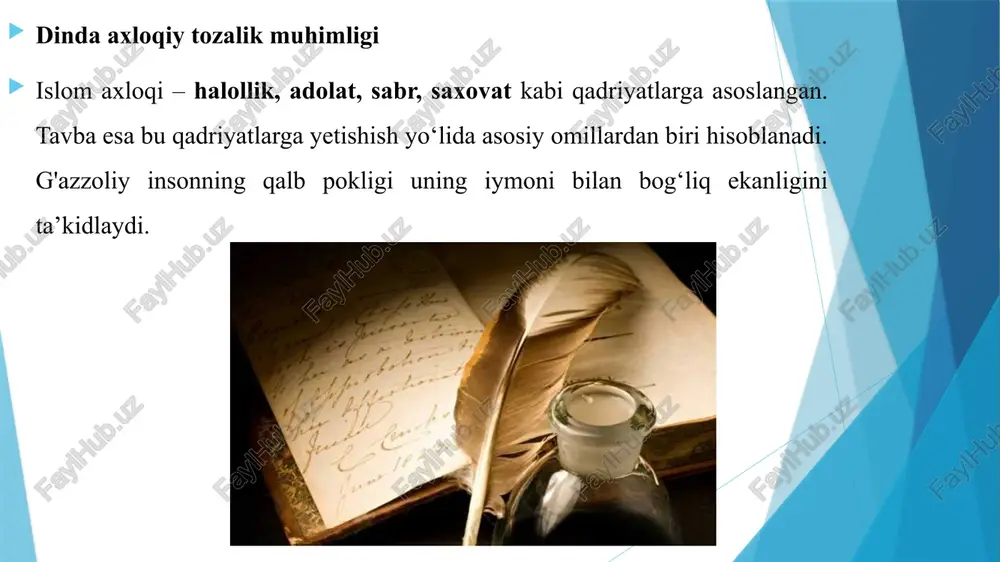 da ekanligini anglab, u yoldan qaytishi kerak. haqiqiy pushaymonlik – gunoh qilganidan chin dildan afsuslanishi zarur. kelajakda qaytarmaslikka qat'iy niyat qilish – tavba chin yurakdan bo‘lishi uchun inson o‘sha xatoni qayta takrorlamaslikka harakat qilishi kerak. axloqiy poklanish va ruhiy tarbiya tavba insonni axloqiy jihatdan to‘g‘ri yo‘nalishga soladi. g‘azzoliyga ko‘ra, inson qalban pok bo‘lmasa, uning amallari ham samimiy bo‘la olmaydi. axloqiy kamolotga erishish uchun inson o‘zining nafsini tarbiya qilishi, hirs va g‘azabdan tiyilishi lozim. tavbaning ruhiy va jamiyatdagi o‘rni tavba qilish faqatgina shaxsiy poklanish emas, balki jamiyatda ham axloqiy muhitni yaxshilashga xizmat qiladi. agar har bir inson o‘z xatolarini tan olib, to‘g‘ri yo‘lga yurishga harakat qilsa, jamiyat yanada axloqiy va adolatli bo‘ladi. g‘azzoliy tavbani ruhiy tarbiyaning eng muhim unsurlaridan biri deb hisoblaydi, chunki u insonni allohga yaqinlashtiradi. e’tiboringiz uchun raxmat image1.png image2.jpeg image3.png image4.jpeg image5.png /docprops/thumbnail.jpeg