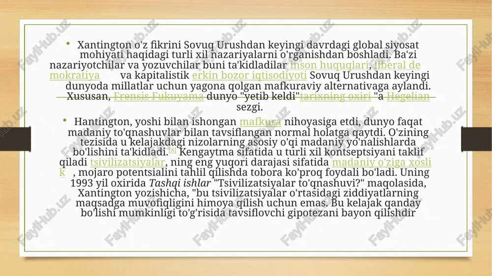 xitoyning maqsadlari o'zini mintaqaviy deb tan olishdir gegemon va mintaqadagi boshqa mamlakatlar xitoy bilan "bog'laydigan" ierarxik buyruq tuzilmalarining tarixi tufayli konfutsiy g'arbda qadrlanadigan individualizm va plyuralizmdan farqli o'laroq, sinik tsivilizatsiya. ikki koreya va vetnam kabi mintaqaviy kuchlar xitoy talablariga bo'ysunadi va xitoyga qarshi chiqishga urinishdan ko'ra uni ko'proq qo'llab-quvvatlaydi. shuning uchun xantington, xitoyning ko'tarilishi g'arb uchun eng muhim muammolardan biri va eng kuchli uzoq muddatli tahlikani keltirib chiqaradi, chunki xitoyning madaniy da'volari amerikaning sharqiy osiyoda mintaqaviy gegemonlik yo'qligi istagi bilan to'qnashadi xantingtonning ta'kidlashicha, islom tsivilizatsiyasi aholining kuchli portlashini boshdan kechirgan va bu ham beqarorlikni kuchaytirmoqda islomning chegaralari va uning ichki qismida, qaerda fundamentalist harakatlar tobora ommalashib bormoqda. u nimani nazarda tutayotganining namoyon bo'lishi "islomiy tiklanish "o'z ichiga oladi 1979 yil eron inqilobi va birinchi ko'rfaz urushi. ehtimol, xantingtonning eng munozarali bayonoti tashqi ishlar maqola "islomning qonli chegaralari bor" edi. xantington buni bir nechta omillarning, shu jumladan ilgari aytib o'tilgan musulmonning …