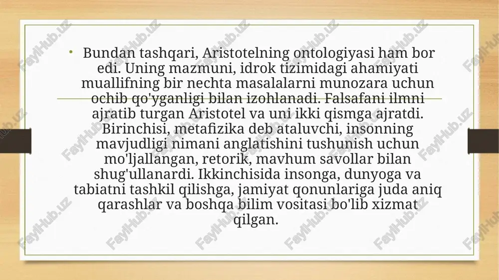 klopediyadan mantiq bo'limining bir qismi", "ta'liqot" (sharhlar), "inson a'zolari haqida risola", "bo'shliq haqida maqola", "donolik asoslari", "falsafaning ma'nosi va kelib chiqishi", "hayvon a'zolari, funksiyasi va potensiyasi", "mantiq to'g'risidagi risolaga muqaddima", "mantiq ilmiga kirish", "ilmlarning kelib chiqishi haqida", "musiqa haqida katta kitob", "baxt-saodatga erishuv haqida", "masalalar mohiyati", "buyuk kishilarning naqllari", "ilmlar hisobi", "hikmat ma'nolari", "aql to'g'risida", "ilmlar va san'atlar fazilati", "qonunlar haqida kitob", "substansiya haqida so'z", "falak harakatining doimiyligi haqida", "she'r va qofiyalar haqida so'z", "ritorika haqida kitob", "hajm va miqdor haqida so'z", "musiqa haqida so'z", "fizika usullari haqida kitob", "fazilatli xulqlar", "fozil shahar aholisining fikrlari", "jismlar va aksidensiyalarning ibtidosi haqi­da", "aristotel "metafizika" kitobining maqsadi to'g'risida" va boshqalar forobiyning asosiy asarlari: "falsafani o'rganishdan oldin nimani bilish kerakligi to'g'risida", "falsafiy savollar va ularga javoblar", "ensiklopediyadan mantiq bo'limining bir qismi", "ta'liqot" (sharhlar), "inson a'zolari haqida risola", "bo'shliq haqida maqola", "donolik asoslari", "falsafaning ma'nosi va kelib chiqishi", "hayvon a'zolari, funksiyasi va potensiyasi", "mantiq to'g'risidagi …