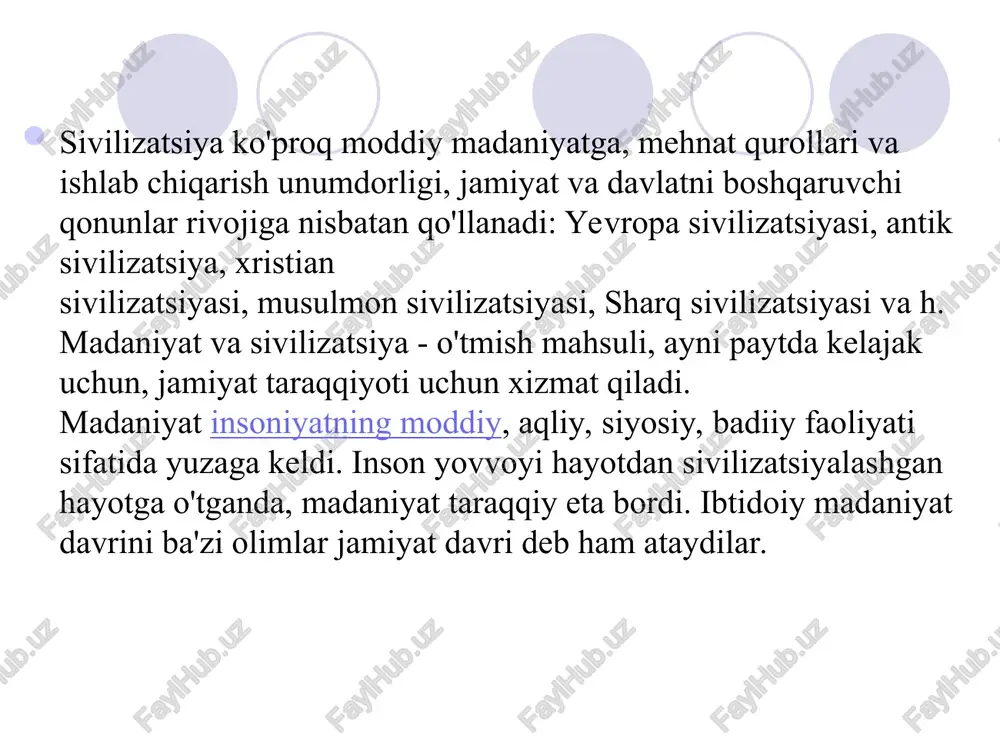 cha elat yoki xalqning yaqinlashishi va uyushishi natijasida paydo bo’lgan yirik etnik birliklar ( amerika xalqi, uo’bekiston xalqi), makroetnoslar bilan bir qatorda mahalliy xalq yoki millat ichida ba’zi xususiyatlari (shevasi, moddiy va ma’naviy madaniyati, diniy tasavvurlari) bilan ajralib turgan maida etnografik guruhlar - mikro etnoslar ham mavjuddir. ba’zan xalqlar diniy e’tikod asosida o’ziga xos mikroetnoslar va makroetnoslar birligi bilan ham farklanadilar. masalan butun janubiy osiyo xalqlari feodalizm davrida paydo bo’lgan induizm tevaragida turli tildagi xalqlarni biriktirilgan makroetnoslar bo’lsa, filipppin xalqining bir qismi islom dini e’tikqodi asosidagi maro nomli elatlardir. erondagi gebrlar yoki xitoydagi musulmon makroetnos sifatida guruhlarni tashkil qilganlar. madaniyat tasodifan paydo bo'lgan emas, balki u turli bilimlar majmuidan, ishonch-e'tiqodlardan, san'atning barcha ko'rinishlaridan, jamiyatdagi axloqiy tamoyillar, qonun - qoidalardan, urf - odatlardan tashkil topadi. shuningdek, inson jamiyat a'zosi sifatida o'zlashtirib olgan adolat, burch, mas'uliyat, tenglik, ozodlik, vatan tuyg'ulari ham madaniyatning paydo bo'lib shakllanishiga ta'sir qilgan. bir so'z bilan aytganda, madaniyat …