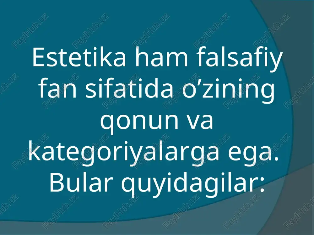 ? 7. tubanlikni siz qanday tushunasiz? 8. qaysi badiiy asarda ulug’vorlik namunalarni kuzatasiz? 9. go’zallikda va moddiy qadriyat tushunchasini tushuntirib bering. misollar orqali. 10. jamiyatdagi ulug’vorlikka qanday misol keltirasiz? 11. kulgulilik tushunchasi nima? 12. kulguning turlariga misollar ayting? 13. qaysi san’at asarida kulgu ustuvor? 14. fojiaviylik ulug’vorlikning davomi ekanligi qanday xususiyatlar bilan izohlanadi? 15. san’atda fojiaviy qaxramon obrazini ifodalashning jihatlarini sanab o’ting? foydalangan adabiyotlar: 1. bichkov.v. estetika a.s.t.2004 2. qurbonmamadov a. estetichiskoye doktrina sufizma.dushanbe.donish.1987. 3. muhammad toqi ja’fariy.san’at va go’zallik.islom nuqtai nazarida (fors tilida). –texron.1987 4. milliy istiqlol g’oyasi: asosiy tushuncha va tamoyillar (oliy ta’lim muassasalari uchun qo’llanma).-t:yangi asar avlodi.2001 5. umarov e.estetika. toshkent.o’z-ton 1995-yil 6. shestakov v.estetischiskiya kotegori.m.nayka.1983 7. sher a. ulug’vorlik. o’z-ton milliy ensiklopediyasi. 9-jild.davlat ilmiy nashriyoti.2004 8. estetika.slovar.moskva.poliztidat.1989 9. umar xayyom.navro’znoma. –t:mehnat.1990 10. b.xusanov.go’zallik niamdir.tafakkur jurnali.2008 №1 11. b.xusanov.ijtimoiy taraqqiyotda estetik qadriyatlarning o’rni (go’zallik kategoriyasi misolida).”falsafa va ijtimoiy taraqqiyot” mavzuyidagi xalqaro konferensiya materiallari.-t:2008 12. b.xusanov.botin-u zohir uyg’un.sog’lom …