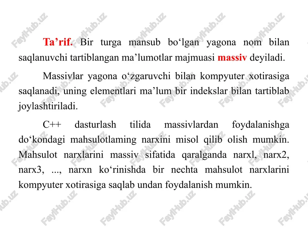 ni berish mumkin emas. massiv elementlari soni berilmasdan uning boshlang’ich qiymatlarini berish yo’li bilan e’lon qilish. int a[]={2, 3, -4, 5,6}; agar massiv elementlari soni berilmasa, albatta, uning boshlang’ich qiymatlari berilishi kerak. massivning elementlar soni berilmaganda dastur komplyatori massiv elementlari sonini boshlang’ich qiymatlar soni bilan aniqlaydi. misol: butun sonlardan iborat a[8] massiv berilgan uning juft elementlarini 2 ga ko‘paytirib toq elementlarini 3 ga ko’paytirib ekranga chiqaring. misol: 10 ta elementdan tashkil topgan massiv berilgan uning eng katta elementini aniqlang. ikki o’lchovli massivlar c++ dasturlash tilida ba’zi hollarda bir nechta o‘lchamlari va turi bir xil bo‘lgan bir o’lchovli massivlardan foydalanishga to‘g’ri keladi. bir nechta bir o‘lchovli massivlarni birlashtirish natijasida ikki o‘lchovli massivlarni hosil qilish mumkin. ikki o‘lchovli massivlarni tarkibida ma’lumotlar satrlarning satri ko‘rinishida tasvirlanadi. ikki o‘lchovli massivlarning tarkibi ham bir o‘lchovli massivlar kabi tartiblangan bir turga mansub bo'lishi kerak. ikki o‘lchovli massivlarga matematikadagi matritsalar misol bo‘lishi mumkin. ikki o‘lchovli massivlar tarkibidagi …