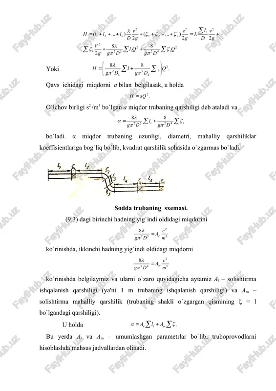 balar ushun blazius formulasi bo`yisha hisoblanadi: trubaning xarakteristikasi. trubalarni hisoblashni osonlashtirish ushun (9.2) yoki (9.5) formula bo`yi​sha jadval tuzib olish mumkin. u holda bosim pasayishining turli qiymatlariga tegishli sarf miqdorlarini shu jadvaldan olish mumkin bo`ladi. (9.2) tenglama (9.5) bilan birgalikda sodda trubani hisoblashning asosiy tenglamasi deyiladi. bu tenglama bosim va sarf orasidagi bog`lanishni grafik ko`rinishda ifodalashga imkon beradi. ko`rinib turibdiki, bu grafik koordinatalar boshidan o`tuvshi kvadratik parabola ko`rinishida ifodalanadi (9.14-rasm, 1 grafik). agar trubaning hisoblash teksligidan qansha balandda joylashgan hg ni hisobga olsak, u holda h va q o`rtasidagi munosabat koordinatalar boshidan hg balandlikda joylashadi (9.14-rasm, 2 grafik). u holda umumiy bosim h va hg ning yig`indisidan iborat bo`ladi: harakat laminar bo`lsa, u holda h grafigi to`g`ri shiziqqa aylanadi (9.14-rasm, 3 grafik). h - q grafigi yordamida berilgan bosim ushun sarfni topish mumkin. buning ushun ordinata o`qidan berilgan bosimga tegishli kesmani olib, uning uchidan abssissa o`qiga paralel shiziq o`tkazamiz. bu …
