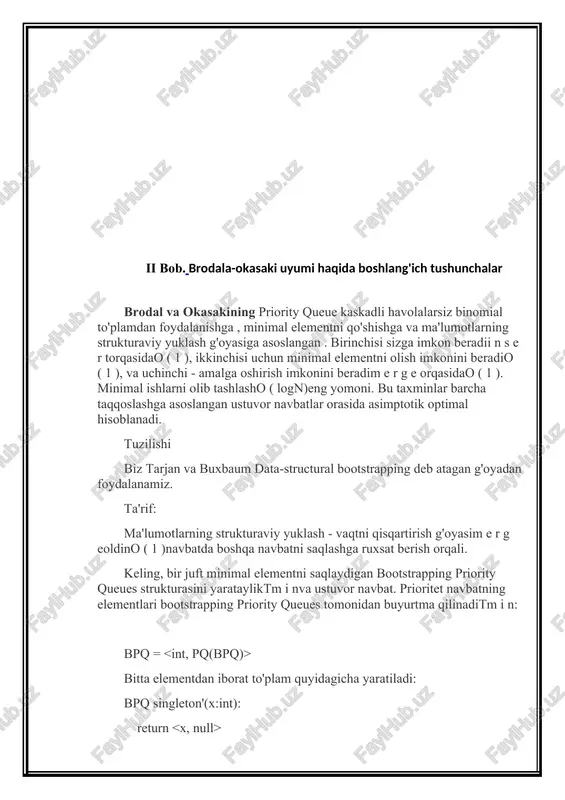 um birinchi bo'lib shu yerdan kirish mumkin bo'lgan qog'ozda tasvirlangan . ushbu dastur asl tavsifga iloji boricha yaqinroq amal qiladi, lekin kodda tushuntirilgan bir nechta farqlar/noaniq fikrlar mavjud. old shartlar keyinchalik harakat qilishni xohlaydigan kishi tanishishi kerak umuman uyumlar va binomial uyum (menda ushbu omborda go dan foydalangan holda dastur bor .) siz ushbu omborda mavjud bo'lgan narsalarni tushunishga harakat qilishingiz mumkin, ammo menimcha, bu tushunchalar bilan tanishish sizga vaqtni osonroq o'tkazishga yordam beradi. brodal-okasaki uyasi ushbu ma'lumotlar strukturasi binomial to'pning qattiq o'zgartirilgan versiyasidir; insert() ni o(1) da bajarishi uchun boshqa pastki daraxt bog'lash mexanizmi kiritilgan. oddiy binomial to'pda o(logn) ni oladi. bu variant "skew-binomial heap" deb ataladi. minimal elementni ushlab turadigan ildiz tugunini qo'shish. merge() ni o(1) da bajarishi uchun maʼlumotlar strukturasi oʻzini oʻzida saqlashga ruxsat berilgan. skew-binomial va oddiy binomial uyumlarda o(logn) ni oladi. ushbu uchta modifikatsiya bizga asimptotik jihatdan optimal ma'lumotlar strukturasini beradi, ya'ni biz boshqa operatsiyalar …
