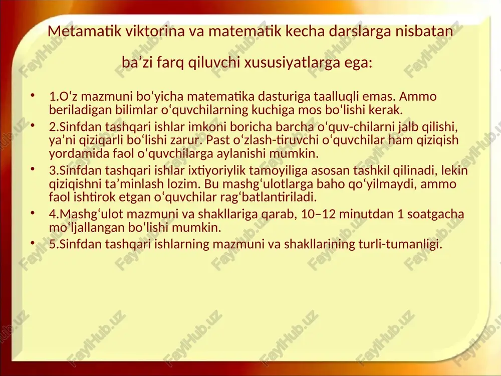 ti 6 masalar yechishmantiqiy fikrlash, analiz va sintezni qo‘llashga o‘rgatish. taqqoslash, umumlashtirish, konkretlashtirishga, yo‘naltirishga o‘rgatishmatematik bilimlarni amaliyotga tatbiq qilish. masala yordamida tarbiya muammolarni hal qilishqadimgi misr papiruslaridan boshlab hozirgi davrning turli manbaalari matematik gazeta va viktorinalar gazeta, viktorinada har xildagi matematik mazmunni o‘z ichga olgan topishmoq, misol va topshiriqlar rasmlarda berilib qiziqish xarakterida bo‘ladi. viktorinada esa o‘quvchilarga yechish tavsiya qilinadigan topshiriq beriladi. javoblar belgilangan vaqtda o‘quvchilarga yetkaziladi. matematik konkurslar va viktorinalar. konkrus mavzusi va uni o‘tkazish vaqti oldindan belgilanadi. murakkab hisoblashlarni eng qulay usul bilan, taqqoslash yordamida hisoblash 2. mantiqiy masala va mashqlarni, 3. topqirlik, ziyraklikka oid mashqlar, 4. hisoblashlari murakkab bo‘lgan masalarni 5. sharq mutafakkirlari merosiga oid bayon qilishlar, algebraik, geometrik shakllar mazmunini yoritishga oid topshiriqlar. matematik viktorinalar – gazetalardan farqli ravishda faqat o‘quvchilarga yechish uchun berilgan masalalar va savollardan iborat bo‘ladi. javoblar yozma ravishda ma’lum vaqt ichida o‘qituvchi tomonidan g‘olib o‘quvchi aniqlanib e’lon qilib boriladi. matematik devoriy gazeta, …