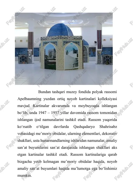 ta muzey ma’lumotlari yagona portalga kiritilishi rejalashtirilgan. toshkent shahrida joylashgan muzeylarni roundme.com platformasi uchun eng zamonaviy it texnologiyalaridan foydalangan holda, sifat ko‘rsatkichning yangi standarti – 12 k o‘lchamida 3d formatda tasvirga olish (“virtual muzey” loyihasi) ishlari olib borildi. 40 ta muzeylarda tasvirga olish ishlari olib borildi hamda dunyoning eng katta platformasi bo‘lgan roundme.com, shuningdek, uzbekistan360.uz hamda vrmuseum.uz (tasix) ga joylashtirildi. registon majmuasida namuna sifatida 34 to‘plamdagi ip 4 (raqamli) video qayd qilish moslamalari, 6 to‘plamdagi turniket (lazer-datchikli)lar bilan jihozlangan bo‘lib, majmuaga kirish uchun elektron to‘lovlarni amalga oshirish imkoniyatlari yaratildi. hurmatli tashrifchilar, sizlarni yuqoridagi veb-manzillar hamda o‘zbekiston respublikasi milliy muzey fondining davlat katalogi (goskatalog.uz) veb-sahifasiga respublikamiz muzeylari hamda qashqadaryo viloyat tarixi va madaniyati davlat muzeyi fondida saqlanayotgan noyob eksponatlar hamda qiziqarli ekspozitsiya zallari bo‘ylab bilan onlayn sayohatga taklif qilamiz. amlakatimizda muzeylar sohasidagi huquqiy munosabatlar o‘zbekiston respublikasining 2008 yilgi “muzeylar to‘g‘risida”gi qonuni bilan tartibga solinib kelinmoqda. shu bilan birga so‘ngi yillarda muzeylar …