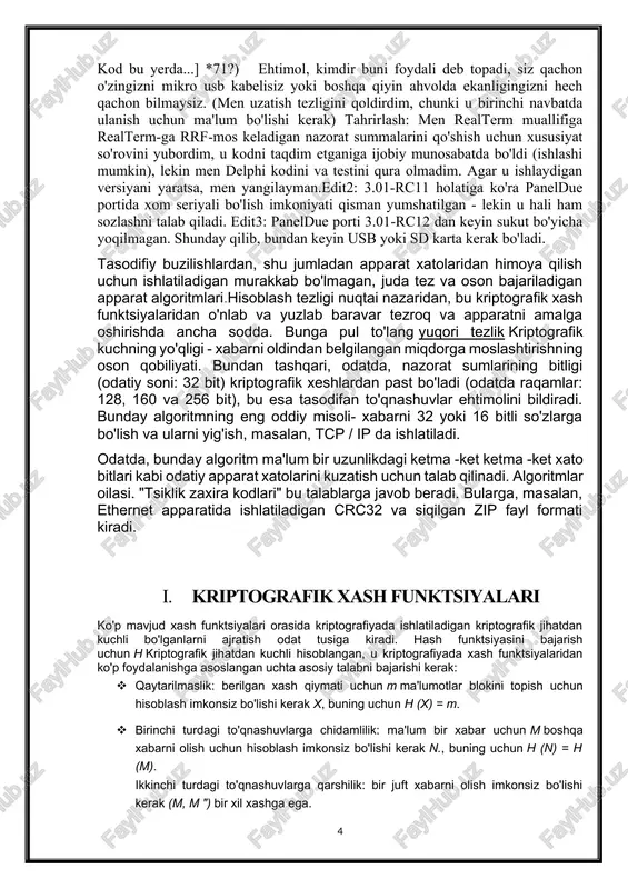 kerak) tahrirlash: men realterm muallifiga realterm-ga rrf-mos keladigan nazorat summalarini qo'shish uchun xususiyat so'rovini yubordim, u kodni taqdim etganiga ijobiy munosabatda bo'ldi (ishlashi mumkin), lekin men delphi kodini va testini qura olmadim. agar u ishlaydigan versiyani yaratsa, men yangilayman.edit2: 3.01-rc11 holatiga ko'ra paneldue portida xom seriyali bo'lish imkoniyati qisman yumshatilgan - lekin u hali ham sozlashni talab qiladi. edit3: paneldue porti 3.01-rc12 dan keyin sukut bo'yicha yoqilmagan. shunday qilib, bundan keyin usb yoki sd karta kerak bo'ladi. tasodifiy buzilishlardan, shu jumladan apparat xatolaridan himoya qilish uchun ishlatiladigan murakkab bo'lmagan, juda tez va oson bajariladigan apparat algoritmlari.hisoblash tezligi nuqtai nazaridan, bu kriptografik xash funktsiyalaridan o'nlab va yuzlab baravar tezroq va apparatni amalga oshirishda ancha sodda. bunga pul to'lang yuqori tezlik kriptografik kuchning yo'qligi - xabarni oldindan belgilangan miqdorga moslashtirishning oson qobiliyati. bundan tashqari, odatda, nazorat sumlarining bitligi (odatiy soni: 32 bit) kriptografik xeshlardan past bo'ladi (odatda raqamlar: 128, 160 va 256 …