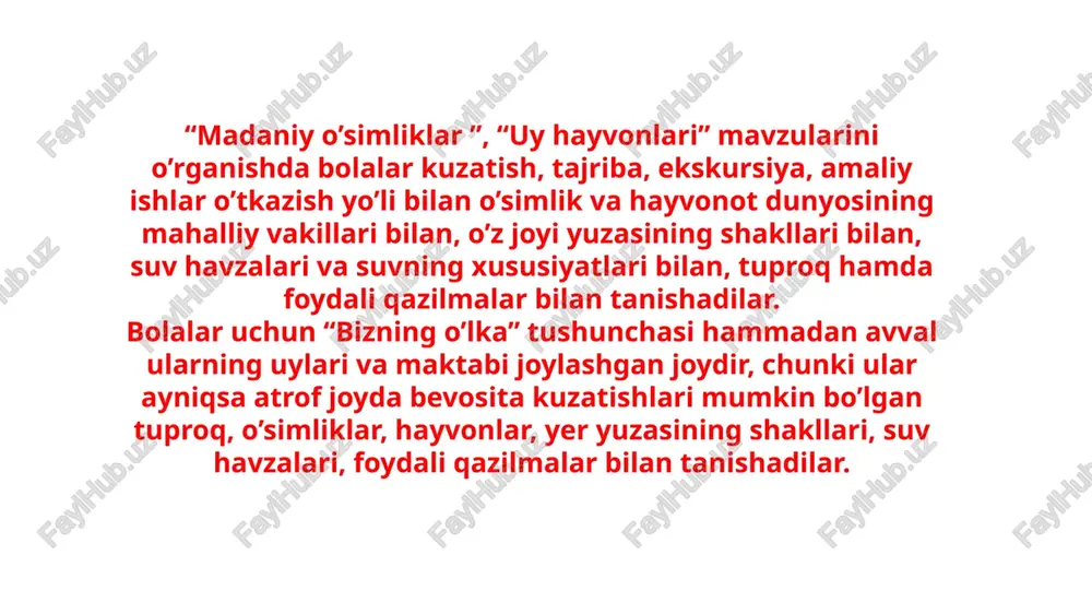 yulduzlar”, “quyosh” mavzulari bilan tanishadilar. amaliy ish va mashg’ulotlar jarayonida o’quvchilar ayrim narsalarni, sinfni, maktab maydonchasini rejada qanday tasvirlash kerakligi bilan tanishadilar. “quyosh” mahalliy belgilar, kompos bo’yicha orientirlashga o’rganadilar. bu mavzucha o’quvchilarni geografiya xaritasini tushunishga olib kelish uchun zarur asos bo’lib xizmat qiladi. o’z joyini o’rganishga asoslanib, o’qituvchi o’quvchilarda o’zbekistonning tabiiy xaritasi to’g’risida, boshlang’ich tasavvurlar hosil qiladi. xarita bilan ishlash butun o’quv yili davomida davom etadi. image1.png image2.jpeg image3.png image4.jpeg image5.webp tabiiy: fanlar he. ae mashgq daftari > , on | /docprops/thumbnail.jpeg mav2u: boshlang'ich maktablarda tabily fanlarning mazmuni o'quy dasturning tabi roja 1. 12 sinfda “atrofmidag) olam” darsigl bilan 'shiashning metodk xususiyatiar. 1, 1-2 shflada shaklanishi lozim botgan asosly tushunchalar, iil, 3-4 sit "tablatshunosik darslgh bln ishash rmetodikas.