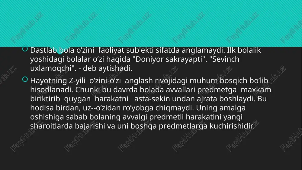 ham o’zi egallab turgan vaziyatni anglashga kodir bula boshlaydi, yani unda o’zining ijtimoiy menini anglash shakllanadi. bu hodisa bolaning keyingi yosh bosqichiga utishida, hamda uning maktabga psixologik tayyorligida muhum rol uynaydi. bog’cha yoshining oxiriga kelib, bolaning uzgalarga va uz-o’ziga beradigan baxosidagi mustakillik, tankidchanlik ancha usadi. bog’cha yoshidagi bolaning motivatsion sohasi aktiv rivojlanib boradi. kichik bog’cha yoshidagi bolaning xulk-atvori ilk bolalik davrlarida unchalik fark kilmaydi. bu davrda ham bolalar asosan situativ emotsiyalari va xoxish istaklari ta'sirida harakat kiladilar. biror harakatni bajara turib ular nima uchun shunday kilayotganliklarini tulik tushunmaydilar va tushuntira olmaydilar. katta bog’cha yoshidagi bolalarning xatti - harakatlari ancha aniklangan tarzda ro’y beradi. har xil motivlar bog’cha yoshining turli bosqichlaridagi bolalarni aynan bir harakatni amalga oshirishga undaydi. masalan, 3 yoshli bola o’yinchoklarini yuvishidan maqsadi suv uynash bo’lsa, 6 yoshli bolaning maqsadi o’yinchoklarni toza kilish , onasiga yordam berishidan iborat bo’ladi. bog’cha yosh davrida motivatsion soxada aynan shu davrga xos motivlar …