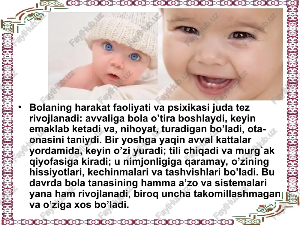 i” bilangina emas, balki uning alohida tarkibiy qismlari (tovush, chehra va hokazolar) ta‘sirida ham vujudga keladi. go’dakda o’zgalar nutqini idrok qilish va unga javob berishga intilish, xususan qo’zg’atuvchiga javoban u yoki bu harakatni amalga oshirish murakkablashib boraveradi. bular uning aqliy imkoniyatlari darajasiga (tiyrakligiga, topqirligiga) bevosita bog’liq bo’lib, bola ulardan ta‘sirlanish natijasida narsalarga nigoh tashlaydi, uni ushlab olish uchun qo’l cho’zadi, unga emaklab boradi. ¥ g01 > colo » & g0z1 s00z08 € coors cosa: ee re im | ja ew om