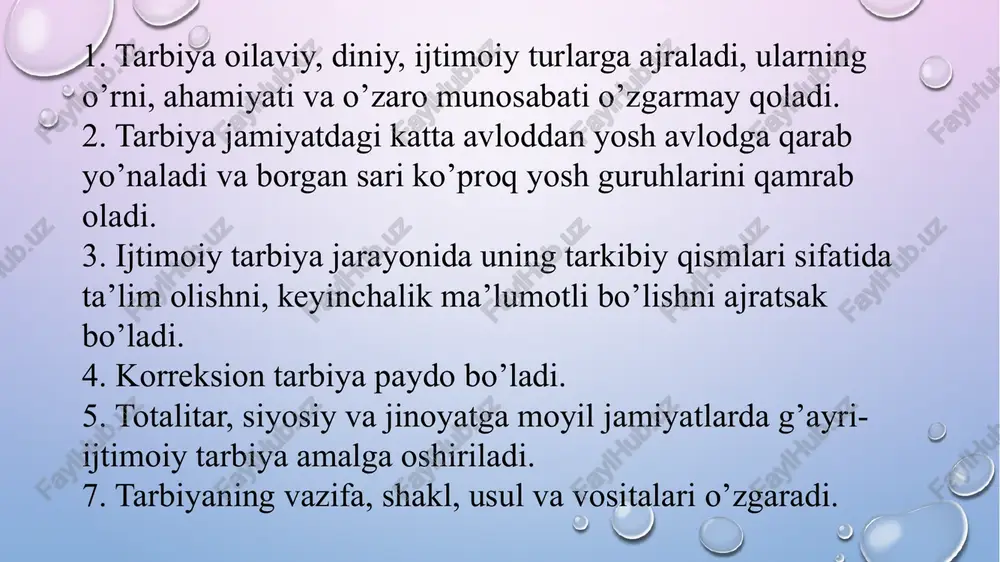 noosfera – rivojlanishning shunday bosqichini aks etadigan tushunchaki, u bosqichda insonning ongli faoliyati global muammolarning paydo bo’lishi va hal etilishiga ta’sir qiladi. tarbiyaning tabiat bilan uyg’unligi tamoyili tabiiy va ijtimoiy jarayonlarning o’zaro aloqasini ilmiy tushunishga, inson va tabiat taraqqiyoti rivojlanishning umumiy qonunlari bilan mos kelishiga, insonning yoshi va jinsini hisobga olgan holda tarbiyalashga, shuningdek uni o’z rivojlanishiga o’zini javobgar etib tarbiyalashga va noosferaning kelajakdagi taraqqiyotini shakllantirish uchun mas’ul ekanligini ko’zda tutadi. yuqoridagilarga asoslangan holda tarbiyaning tabiat bilan uyg’unligi tamoyiliga ko’ra o’zini borliqning bir bo’lagi deb sezishini; roy berayotgan planetar jarayonlarni va undagi mavjud global muammolarnitushunishini; o’zida noosfera uchun mas’uliyatni sezishini; o’zini noosferani yaratgan sub’ekt sifatida bilishini hamda tabiat, planeta va biosferaga nisbatan ijobiy munosabatni shakllantirilishi kerakligini ko’zda tutadi. tarbiyaning variativligi tamoyili. ijtimoiy tarbiyaning variativligi shaxs ehtiyojlarining xilma-xilligi bilan aniqlanadi. tarbiya variativligi tamoyili insonning mintaqaviy va lokal darajada umuminsoniy qadriyatlarga asoslanib, etnik xususiyatlar, shuningdek mintaqaviy munitsipial va lokal sharoitlarni inobatga olib, …