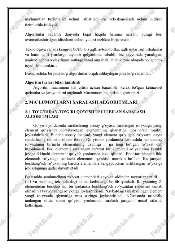 or yangi ro‘yxatga joylashtiriladi. navbatdagi tanlab olingan element yangi ro‘yxatda qiymatiga mos o‘ringa joylashtiriladi. 6.2-rasmda tasodifiy tanlangan oltita sonni qo‘yish yordamida saralash jarayoni misol sifatida keltirilgan. to’g’ridan-to’g’ri qo’yish usuli bilan saralash bu algoritm bo‘yicha yangi qo‘yiladigan qiymat newelement o‘zgaruvchisiga ta‘minlanadi va bu qiymatdan katta bo‘lgan barcha elementlarni bir birlikka siljitadi (while tsiklida). tsiklning so‘ngi qadamida location+1 o‘rinda turgan element location+2 o‘ringa ko‘chiriladi. bu location+1 o‘rinni yangi element uchun bo‘shatilayotganini bildiradi. 2.2 tanlash usuli bilan saralash algoritmi bu usulning asosiy g‘oyasi: ro‘yxat elementlari ichidan qiymati bo‘yicha eng kichik kalitli element tanlanib, u birinchi element bilan o‘rin almashtirish va ushbu jarayonni qolgan n-1 ta element uchun qadamma-qadam bajarib, o‘sish tartibidagi ro‘yxat hosil qilishdan iborat. usulning g‘oyasi: ro‘yxat elementlari quyidan yuqoriga (oxirgi elementdan birinchi elementga) yo‘nalishida qiymatlarning har biri jufti bilan taqqoslanadi. agar quyidagi element qiymati yuqoridagi jufti qiymatidan kichik bo‘lsa, u holda ularning o‘rni almashtiriladi va h.k. (6.3-rasm). ya‘ni, pufakchali saralashning asosiy …