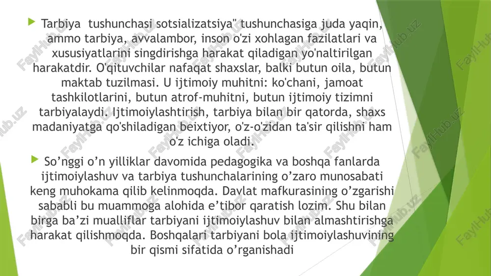 ntegratsiyalanishi deb ataladi. bu jarayonlar spontan, stixiyali va tartibsiz holda amalga oshirilishi va aksincha boshqarilib, ma'lum maqsadga yo`naltirilib ham borilishi mumkin bu jarayon esa tarbiyalash deb ataladi. bolaning ongli, faol va mustaqil faoliyati esa o`z-o`zini tarbiyalash jarayoni deb ataladi. jamiyatdagi barcha mutaxassislarning va tarbiyachilarning harakatlari bolaning ijtimoiy adaptatsiyalanishiga qaratilgan. bolaning ijtimoiy muhitga moslashuviga to`sqinlik qiluvchi ijtimoiy-ma'naviy fazilatlarning yo`qligi hamda ularning shakllanmay qolishi ijtimoiy dezadaptsiya deb ataladi. bunday holatlarda ularning oldini olish hamda ma'lum chora-tadbirlar ishlab chiqish kerak bo`ladi. demak, bolaning jamiyatda ijtimoiy adaptatsiyalanishiga, uning ijtimoiy statusini qayta tiklashga, yo`qotilgan bola shaxsining rivojlanishi inson ijtimoiy mavjudotdir degan falsafiy ta’limotga asoslanadi. ayni vaqtda inson tirik, biologik mavjudot hamdir. demak, uning rivojlanishida tabiat rivojlanishining qonuniyatlari ham muhim ahamiyatga ega. shuningdek, shaxs bir butun mavjudot sifatida baholanar ekan, uning rivojlanishiga biologik va ijtimoiy qonuniyatlar birgalikda ta’sir etadi, ularni bir-biridan ajratib bo`lmaydi. chunki shaxsning faoliyati, hayot tarziga yoshi, bilimi, turmush tajribasi bilan birga boshqa fojiali …