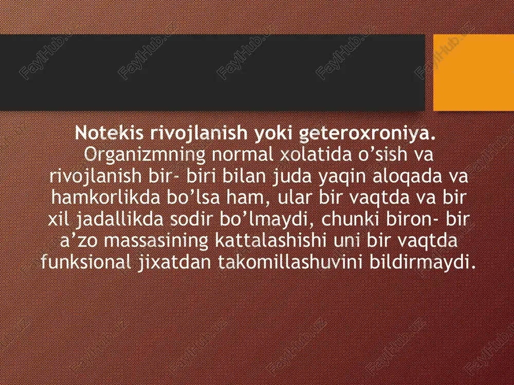 ga oshadi, analizatorlar ham organizm faoliyatida faol ishtirok etadi. ushbu davrda homilani oziqlanishini ta’minlaydigan tizimni uzilib tushishi va kindik yarasini tuzalishi sodir bo’ladi, tana og’irligini oldin kamayishi so’ngra esa tiklanishi va ortishi boshlanadi. chaqaloqlik davri. bu davr bir yilgacha davom etadi. ushbu davrda tana uzunligi1,5 barobar kattalashadi va o’rtacha 75 smga yetadi, og’irligi 3 barobar ortadi va 11-12kg atrofida bo’ladi, endokrin bezlar funksiyasi tezlashadi, nutqni harakatlantiruvchi analizatorlari ancha rivojlanib bola gapirishni boshlaydi, lekin so’z boyligi kam bo’ladi, ya’ni atiga 10 tacha so’zni tashkil qiladi. yashli yosh davri. bu davrda1yoshdan to 3 yoshgacha davom etadi. ushbu davrda o’sish va tana og’irligini ortishi birmuncha pasayadi, lekin bola yurish va so’z nutqi ko’nikmalariga ega bo’lishi oqibatida, ularning atrof muxit bilan muloqot qilish soxasi kengayadi. bolani o’zini o’zga odamlardan farqlay olish qobiliyati paydo bo’ladi (ismini aytib chaqirganda qaraydi, qo’lini beradi va x.k.). a’zolarning tuzilishi va funksiyalari takomillashadi. maktabgacha yosh davri. bu davr 3 yoshdan …