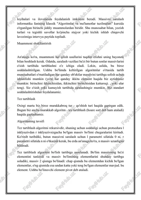 uvchi” elementni tanlaydigan va qolgan elementlarni ikkita pastki qatorga bo‘luvchi o‘z joyida tartiblash algoritmi. pivotdan kichik elementlar chap pastki qatorga o'tkaziladi va pivotdan kattaroq elementlar o'ng pastki qatorga o'tkaziladi. algoritm ushbu pastki qatorlarni rekursiv tarzda tartiblaydi. o'rtacha, tezkor saralash o(nlog(n)) vaqtida ishlaydi. tez tartiblash algoritmi nima? quicksort algoritmi toni hoare tomonidan yaratilgan va 1961 yilda nashr etilgan bo‘lish va zabt etish algoritmidir. u asosiy elementni (ro‘yxatni bo‘lish uchun boshqa elementlarni solishtirish uchun foydalaniladigan ro‘yxatdagi element) tanlash orqali ishlaydi. birinchi, oxirgi, tasodifiy yoki median element bo'lib, barcha kichikroq elementlarni pivotning chap tomoniga va barcha kattaroq elementlarning o'ng tomoniga joylashtiring. bu har bir iteratsiya kirish ro'yxatini ikkita ro'yxatga bo'lish (bo'lish) ma'nosida bo'ladi, ulardan biri pivotning chap tomonidagi qiymati kichikroq barcha elementlarni, ikkinchisi esa o'ng tomonidagi barcha kattaroq elementlarni o'z ichiga oladi. aylanish. keyin ikkala ro'yxat yoki massivni qayta birlashtirishdan oldin ularni rekursiv saralaydi va shu bilan ro'yxatni samarali saralaydi. bu hali ham …