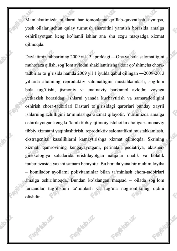 ng ―ta‘lim to`g`risidagi qonunining 30-moddasida ―voyaga yetmagan bolalarni ota-onalari yoki qonuniy vakillari bolaning qonuniy huquqlari va manfaatlarini himoya qilishlari shart hamda ularning tarbiyasi, makatabgacha, umumiy o`rta, o`rta maxsus, kasb-hunar ta‘limi olishlari uchun javobgardirlar, deb belgilab qo`yilgan. ―kadrlar tayyorlash milliy dasturining 3.2-bandida esa ta‘lim oluvchilarning o`qishi, turmushi va dam olishi uchun shart-sharoitlar yaratish borasidagi vazifalar hal etilishida jamoatchilik boshqaruvini rivojlantirishga alohida e‘tibor berilgan. bu ―oila, mahalla, maktab hamkorligi bugungi kunning ma‘naviy, ma‘rifiy, mafkuraviy, tarbiyaviy zarurati ekanligini bildiradi. yosh avlodni ma‘naviy-axloqiy tarbiyalashda xalqimizning boy milliy, madaniy, tarixiy an‘analariga, urf-odatlariga hamda umumbashariy qadriyatlarga asoslangan samarali, zamonaviy pedagogik texnologiyaning ishlab chiqilib, amaliyotga joriy etilishi; shaxsni tarbiyalash va uni har tomonlama kamol toptirishning ustuvorligini ta‘minlash; umumiy hamda milliy pedagogik madaniyatni oshirish; mamlakatimiz fuqarolari orasida milliy mafkuraviy tarbiya ishlarini takomillashtirish, oila, mahalla, maktab hamkorligi konsepsiyasining asosiy maqsadidir. o`zbekistonda yuz berayotgan o`zgarishlar oila, mahalla, maktab hamkorligi yo`nalishida bola tarbiyasida oila, ota-ona, mahalla, maktabning asosiy vazifalarini mazmunan yangilab …