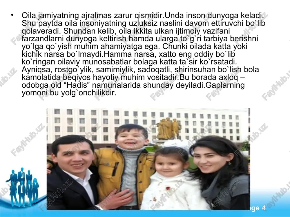 int templates page * . “hadisi sharifda” “sabr va bardosh tangridan, shoshqoloqlik esa shaytondandir” degan ulug` so`zlarni eslab o`tish joizdir. shunday ekan oilaning katta yoshdagi a`zolarining bolaga qo`yadigan talablarni hamda ularga tarbiyaviy ta`sir ko`rsatishlarda so`z bilan ishning bir bo`lishi muhum ro`l o`ynaydi.oilada bunday birlikni bo`lmasligi bola hulq-atvoriga salbiy ta`sir ko`rsatishi muhum. bola tarbiyasi maktab, oila jamoatchilik va mehnat jamoalarning hamkorligida olib borilsa, tarbiyada ko`zlangan maqsadga erishish mumkin. shu bois keyingi paytlarda mahalla-kuylarda, turar joylarda olib borilayotgan tarbiyaviy ishlarning ko`lami ancha kengaydi. free powerpoint templates page * . yaqinda jumhuryatimizda madrasalar qoshida yoshlarni adolatli, iymonli, ihlosmand, axloqli qilib tarbiyalash maqsadida o`qishlar tashkil etildi. o`qish dasturi aynan yoshlarni “qur`on karim” va “hadis sharif “ rivoyatlari bayoni asosida tarbiyalashni ko`zlaydi. ota-ona farzandiga qancha qilsa ham oz, lekin farzand ham ota-onani hurmat qilishi lozim. bu haqda qadimgi hikoytlarda quyidagicha yoziladi. free powerpoint templates page * ey farzand! aql yuzasidan bilginki ota-onaning izzat va hurmatini …