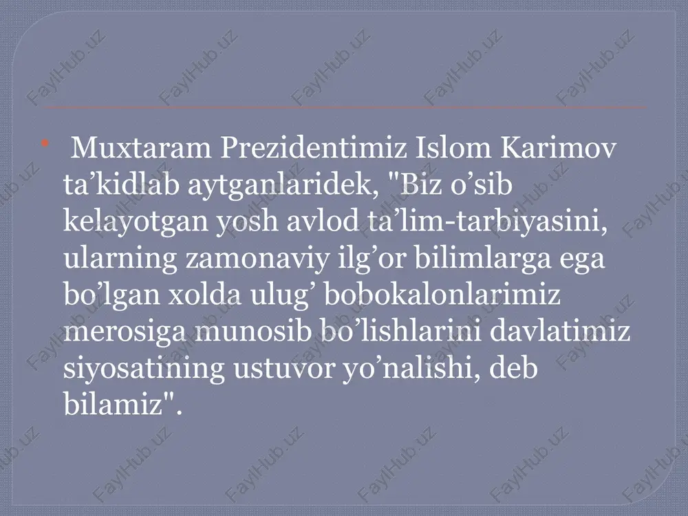 ususan, onaning bolani estetik tarbiyalashdagi beqiyos o‘rnini faylasuflar allaqachonlar juda chiroyli ta’riflab berganlar, ijtimoiy-estetik ideal ro‘yobini oilada nafosat tarbiyasi bilan bog‘liq holda ko‘rganlar, “yosh avlod yangi idealni o‘z joni va taniga ona suti bilan birga singdirgandagina bu yangi ideal g‘alaba qozonadi”, deganlar. bu mulohazalar va misol-lardan ko‘rinib turibdiki, oilada nafosat tarbiyasi nihoyatda mu-himdir. shu nuqtai nazardan aytganda, estetik idrok bir vaqtning o‘zida biron-bir xabarni qayta ishlash natijasi sifatida namoyon bo‘ladi. u kishining mustaqil harakatiga turtki beradi, bu bilan o‘zining passiv emasligini ko‘rsatadi. shuni ham qayd etib o‘tish lozimki, dunyoda idrok etilmay-digan narsa yo‘q. obyektiv dunyo-dagi barcha narsa va hodisalar dialek-tik munosabatlarda ham go‘zal, ham xunuk tarzda idrok etiladi. o i l a d a g i v a z i f a l a r farzandining axloq-odobiga, ta’lim-tarbiyasiga e’tibor berish, unga pand-nasihat qilish, yaxshi muomala qilish, mehr-shafqat ko’rsatish, sovg’a-salomda farzandlar o’rtasida adolat qilish va bunda ular o’rtasini ayirmaslik farzandlarning otalar …