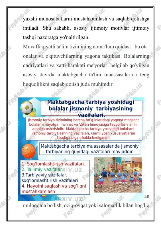 nday muammolar paydo bo'lishi mumkin. axir, maktab bolalarning bilim va ko'nikmalar darajasidan qat'i nazar, jiddiy sinovdir. bugungi kunda ota-onalar nafaqat bolalar bog'chasida, balki maxsus psixologik yordam markazlarida ham maslahat olishlari mumkin. malakali mutaxassislar vaziyatning sabablarini tushunish va muammoni hal qilish usullarini topishda yordam beradi. similar posts image1.png image2.jpeg image3.png bolalar jismoniy tarbiyasining jismoniy tarbiya tizimining barcha bo’g’inlaridagi yagona maqsad: bolalarni hayotga, mehnat va vatan himoyasiga tayyorlash ishini amalga oshirishdir. maktabgacha tarbiya yoshidagi bolalarni jismoniy tarbiyalashning vazifalari, ularni yosh xususiyatlarini hisobga olgan_holda berilgandir. maktabgacha tarbiya muassasalarida jismoniy tarbiyaning quyidagi vazifalari mavjuddir. 1. sog’lomlashtirish vazifalari. 2. ta'limiy vazifalar: 3.tarbiyaviy vazifalar. sog’lomlashtirish vazifalari 4. hayotni saqlash va sog’liqni mustahkamlash = farzand tarbiyasi haqida o'zbekiston respublikasi kostitutsiyasi xiv bob «oila» 63-moddasida «oila jamiyatning asosiy bo'g'inidir, hamda jamiyat va davlat muhofazasida bo'lish huquqiga ega», 64-modda «ota- onalar o'z farzandlarini voyaga etgunlariga qadar boqish va tarbiyalashga majburdirlar » va 66-moddasida <vovaga etgan, mehnatga layogatli farzandlar o'z …