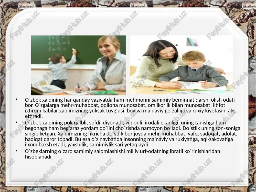 z o`zini tarbiyalash va qayta tarbiyalsh. olimlarning ta’kidlashicha (v.g.dragunova, a.i.kavalev, a.n.kochetov, l.i.ruvinskiy) o`z-o`zini tarbiyalash elementlari bog‘cha yoshidayoq ko`rinadi (to`g‘ri so`zlash, gigiyena qoidalariga rioya qilish, kun tartibini saqlash...) o`quvchilar o`z-o`zini tarbiyalash rejsini tuzishdan avval o`z xulq atvori va xarakterining qaysi tomonlarini qaysi tomonlari ustida ishlash lozim bo`lsa, anna shu tomonlarini o`qituvchi yordamida aniqlab olishi lozim. o`z-o`zini tarbiyalash metodlari: shaxsiy majburiyatlar, o`z ishi haqida hisobot, o`z xatti-xarakatlarini taxlil qilish, o`z-o`zini nazorat qilish, o`z-o`ziga baho berish. tarbiya o`z o`zini tarbiyalash va qayta tarbiyalsh. tarbiya metodlaridan unumli foydalanish shuningdek o`qituvchilarning pedagogik maxoratiga, o`quvchilar psixologiyasini yahshi bilishiga, bola yashayotgan qonqret pedagogik vaziyatning tabiati bilan qanchalik hisoblashishiga ham bog‘liq. 22.10.2024 http://aida.ucoz.ru 11 image2.jpg image3.jpeg image4.jpeg image5.jpeg image6.jpeg image7.jpeg image8.jpg image9.jpg image1.jpeg le heed /docprops/thumbnail.jpeg