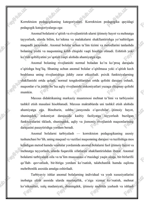 ntirish juda muhim. korrektsiya (yunoncha tuzatish) bolaning psixik va jismoniy rivojlanishidagi nuqsonlarni tuzatish, yo’qotish va pasaytirishni nazarda tutadi. korrektsion-tarbiyaviy ishlar kategoriya sifatida shaxsning anomal rivojlanishi xususiyatlariga ko’ra umumiy pedagogik ta’sir ko’rsatish chora-tadbirlari tizimidan iborat. korrektsion - tarbiyaviy masalalarida sinf va sinfdan tashqari ishlarning barcha tur va shakllaridan foydalaniladi. korrektsion —tarbiyaviy ishlar anomal bolalarni o’qitish jarayonida amalga oshiriladi va mehnat tarbiyasini samarali tashkil etish uchun katta imkoniyatlar yaratadi. mehnat ta’limi jarayonida faqat kasbiy malakalari emas, balki o’z ishlarini rejalashtirish ko’nikmalari, og’zaki ko’rsatmalarga amal qilish malakasi, ishning sifatini tanqidiy baholash va boshqa malakalari tarbiyalanadi. kamchiliklarini tuzatish yordamida anomal bolalarning normal rivojlangan bolalar bilan aloqalari uchun sharoitlaryaratish muhimdir. bir qator hollarda anomal bolalar uchun davolash-korrektsion tadbirlar (davolash jismoniy mashqlari, masala, artikulyar va nafas olish gimnastikasi, dori-darmonlar qabul qilish va boshqalar) ni tashkil etish zarur bo’ladi. kompensatsiya (yunoncha «compensatio» — o’rnini to’ldirish, tenglashtirish) organizmning buzilgan yoki rivojlanmagan funktsiyalarining o’rnini to’ldirish yoki qayta qurishdir. kompensatsiya …