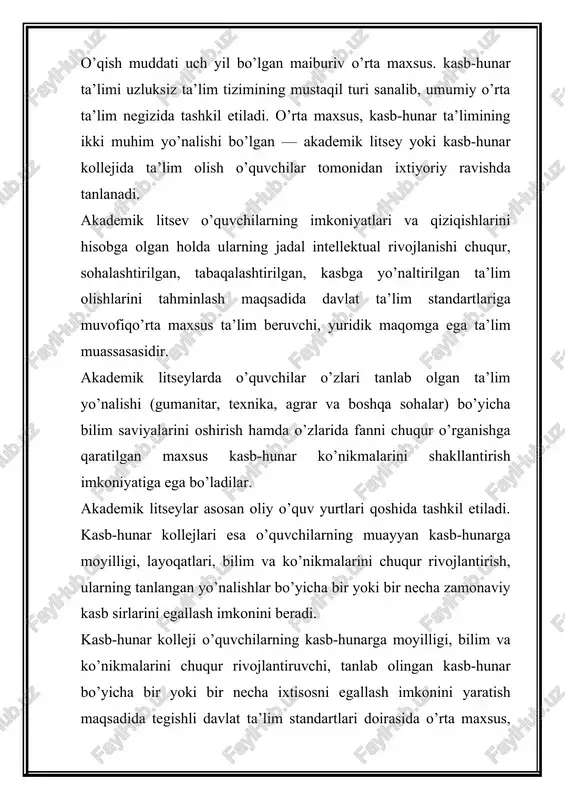 yanch oliy ta’lim. bakalavr darajasiga ega bo’lgan shaxs oliy ta’lim tizimi yo’nalishidagi o’zi tanlagan soha bo’yicha oliy mahlumotli mutaxassis hisoblanadi va davlat klassifikatorida belgilangan lavozimda ishlash huquqiga ega bo’ladi. magistratura aniq mutaxassislik bo’yicha fundamental va amaliy bilim beradigan, bakalavriat negizida ta’lim muddati kamida ikki yil davom etadigan oliy ta’lim boiib, magistraturadagi tahsil yakuniy klassifikatsion davlat attestatsiyasiga muvofiq olib boriladi. magistr bakalavr darajasidagi mutaxassisdan farqli mahlum ixtisoslik bo’yicha ta’lim olgan yuqori malakali mutaxassis hisoblanib, u ilm-fan sohasida, ishlab chiqarishning mashuliyatli lavozimlarida faoliyat ko’rsatadi. u aspiranturaga kirish huquqiga ega. o’zbekiston respublikasida quyidagi turdagi oliy ta’lim muassasalari faoliyat ko’rsatadi: oliv o’quv yurtidan keyingi ta’lim iamivatning oliy malakali ilmiy va ilmiy pedagog kadrlarga bo’lgan ehtiyojlarini qondirish, shaxsning ijodiy ta’lim — kasb-hunar manfaatlarini qanoatlantirishga qaratilib, oliy o’quv yurtlari va ilmiy-tadqiqot muassasalarida aspirantura, adhyunktura va doktoranturada ta’lim olish, shuningdek, mustaqil tadqiqotchilik faoliyatini tashkil etish asosida amalga oshiriladi. oliy o’quv yurtidan keyingi ta’lim nomzodlik yoki doktorlik dissertatsiyalarining …