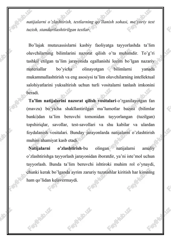 hamma ta’lim oluvchilarda bir xil qiyinchilikdagi savollar berilib, hammasiga bir xil sharoit yaratiladi; · test natijalarini ta’lim beruvchi tomonidan tezkorlik bilan (operativ) tekshirish mumkin; · turli guruhdagi ta’lim oluvchilar bilimini solishtirish, qo’llanilayotgan metodning samaradorligini aniqlash mumkin; · ta’lim jarayonida uchraydigan kamchiliklarda aniqlash mumkin. ta’lim natijalarini baholashda reyting tizimining test usuli keyingi paytlarda iste’molda keng foydalanilmoqda. test-biror bir faoliyatni bajarish uchun ma’lum darajadagi bilimni egallashga qaratilgan topshiriqdir. test to’g’ri bajarilganligini o’lchash va baholash maqsadida har bir testga ekspert metodi yordamida etolon ishlab chiqiladi. umuman olganda test so’zi inglizchadan olingan bo’lib, u sinov, tekshirish, tadqiqot ma’nolarini bildirib “sinalayotgan shaxsning psixologik xususiyatlarini, shuningdek, intellektual rivoji, qobiliyati va malakasini tekshirishda qo’llaniladigan standart mashqlar” demakdir. pedagogik va uslubiy adabiyotlarni tahlil qilish natijasida didaktik testlar quyidagi ikki guruhga ajratiladi: · nazariy bilimlarni nazorat qiluvchi, malaka va qobiliyatlarni tekshiruvchi o’zlashtirish testlari; · real o’quv imkoniyatlari bo’yicha (yu.babanskiy) diagnostika testlari hamda umumiy va maxsus (masalan, mikro yoki makro …