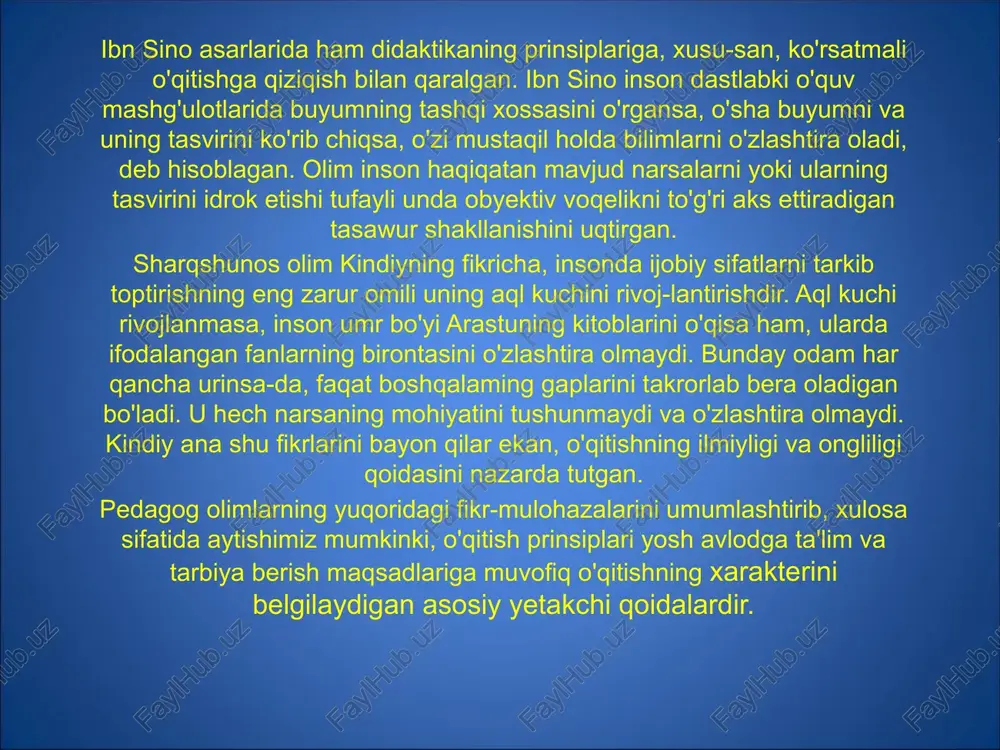 muhim o'zgarishlarni ilmiy jihatdan aniq bayon qilish katta ahamiyatga molikdir. biz o'quvchilarimizni hayotga, jamiyat qurilishida qatnashishga tayyorlaymiz. shuning uchun ta'lim amaliy hayot bilan bog'lanishi kerak. hozirgi paytda nazariyani amaliy hayot bilan bog'lash prinsipi alohida ahamiyatga ega. shunga ko'ra, uni ta'lim-tarbiya ishining hamma yo'nalishlarida amalga oshirish zarur. forobiy har qanday fanni ikki qismga, amaliy va nazariy qismlarga ajratgan. mana shu qismlarni qisqacha sharhlashda ular­dan hayotda foydalanish imkoniyatlarini hisobga olgan. uning amaliy va nazariy qismlarga bergan ta'riflaridan ta'limni amaliy yo'nalishda olib borish va hayotga, kishilarning kundalik faoliyatiga bog'lash fikri tug'iladi. ta'limning amaliy hayot bilan bog'lanish prinsipi nazariyani amaliy hayot bilan bog'lash prinsipini ro'yobga chiqarish uchun quyidagi tadbirlar amalga oshirilishi kerak: a o'rganiladigan materialni o'quvchilarning shaxsiy tajribasi va kuzatishlari bilan, quyi sinflarda esa ularning o'yinlari bilan bog'lash darker, chunki kichik maktab yoshidagi o'quvchilarni o'qitish albatta o'yin faoliyatini talab qiladi; b ta'limni atrofdagi hayot bilan, yangi jamiyatni qurish amaliyoti bilan bog'lash; d nazariyani amaliyot …