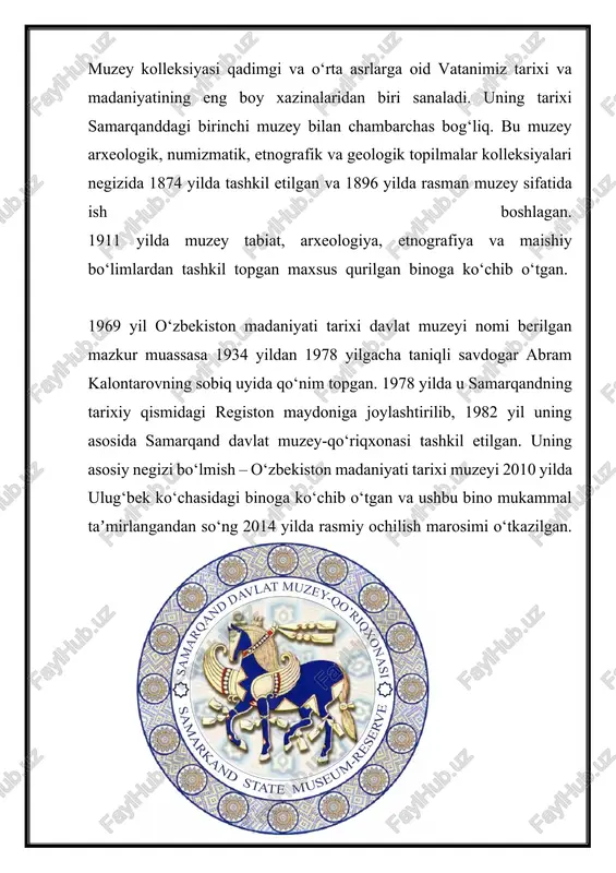 4 yilda rasmiy ochilish marosimi o‘tkazilgan. muzey to‘plamiga asosiy qismi o‘ta nodir sanaladigan o‘n minglab eksponatlar kiradi. u tarix, sanʼat, arxeologiya fondi, etnografiya, tasviriy sanʼat, numizmatika, bonistika, doimiy va vaqtinchalik faoliyat ko‘rsatadigan ko‘rgazmalar bo‘limi kabi bir nechta mavzuli bo‘limlarga ajratilgan. muzeyning uzoq yillik faoliyati davrida eng qadimgi zamonlardan hozirgacha bo‘lgan o‘zbekistonning madaniyati va sanʼatini ifoda etuvchi juda ko‘plab arxeologik, numizmatik, etnografik, yozma va hujjatli ashyolar to‘plangan. tarkibida 50 mingta ashyoni saqlab kelayotgan muzey arxeologik fondi eksponatlari haqli ravishda eng qimmatli va sermazmun kolleksiya sanaladi. u bronza asriga oid zargarlik buyumlarining noyob namunalari, qadimgi va o‘rta asrlarga oid sopol, metall va shishadan hamda alebastr va gildan yasalgan bezaklardan iborat. muzey xix asrning 80 – 90 yillariga oid kelin va kuyovlarning alohida liboslari, 2500ta anʼanaviy o‘zbek kiyimlari to‘plamlarini o‘zida jamlagan. 1920 yilda buxoro amirining xazinasidan keltirilgan zardo‘zlik buyumlari ham muzeyning nodir kolleksiyasi sanaladi. ushbu (1500 ta buyumdan iborat) zardo‘zlik kolleksiyasi tarkibida xix …