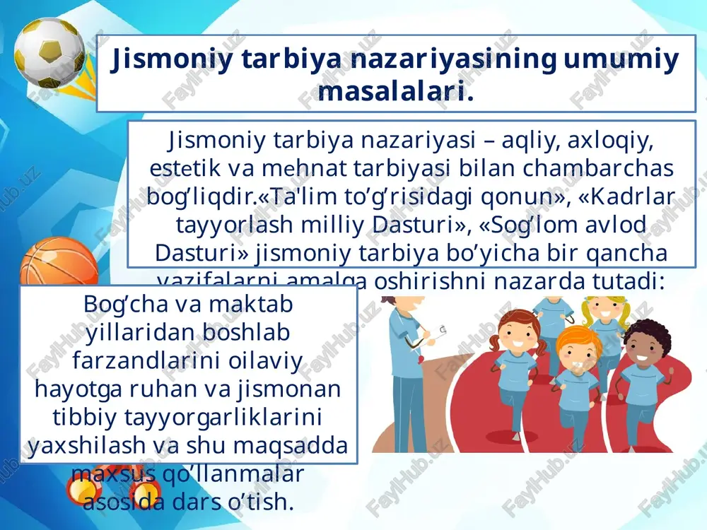 ipedda yurish, konkida uchish vestibulyar barqarorlikni rivojlantiradi. bolalar bog’chasida jismoniy tarbiyani tashkil etish shakllari jismoniy tarbiya mashg’ulotlari bolalarni jismoniy mashqlarga muntazam o’rgatishning asosiy shaklidir. mashg’ulotlar xushchaqchaq, intizomli, atrof-muhitda yaxshi harakat qila oladigan, belgilangan vazifaga muvofiq tez va ishonch bilan, maqsadga yo’nalgan holda faoliyat ko’rsata oladigan, shuningdek, axloqiy sifatlar va ijodiylik namoyon eta oladigan shaxslarni tarbiyalashga xizmat qiladi. mashg’ulotlarning ahamiyati harakatlar madaniyatini mujassam shakllanishi, sog’lomlashtirish, ta'limiy va tarbiyaviy vazifalarni muntazam amalga oshirishdan iboratdir. bolalarning kundalik hayotida jismoniytarbiya bo’yicha ishni tashkil etish. harakatli o’yinlar maktabgacha tarbiya yoshidagi bolalarning asosiy harakat faoliyati, shuningdek jismoniy mashqlar sifatida tarbiyachi tomonidan kunning turli vaqtida, har bir yosh guruhi kun tartibiga muvofiq: ertalab tushda va kechki sayr paytida rejalashtiriladi. tarbiyachi o’yinlarni taqsimlashda harakat ko’nikmalarining takomillashuviga xizmat qiluvchi harakat mazmunining rang-barangligini, zarur takroriylik, murakkablashuvni ko’zda tutadi. tashqi muhit sharoitini hisobga olish va aniq vaziyatda o’zini tutishni tarbiyalash uchun muhimdir. maktabgacha tarbiya muassasalarida jismoniy tarbiya bo’yicha ishlarni tashkil etish. …