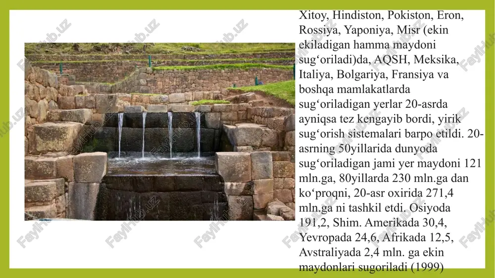avridagi yogʻin miqdori nettodan ayriladi. netto sugʻorish normasi ekinlar turi, navi, tuproq, iqlim, gidrogeologik va meliorativ sharoitlarga bogʻliq brutto sugʻorish normasida netto sugʻorish normasi dan tashqari sugʻorishda suvning zaruriy sarf (isrof) boʻladigan miqdori (normalangan darajada) ham hisobga olinadi. bunday sarflar suvning oʻsimlik iddizi tarqalgan qismdan pastga sizishi, suvning oqovaga chiqishi va sugʻorish jarayonida bugʻlanib ketishi bilan bogʻliq. zaruriy sarflar miqdori sugorish usuli, shuningdek, dala tuproq gruntining suv oʻtkazish imkoniyati, dala nishabi va boshqa sharoitlarga bogʻliq. vegetatsiya davrida haqiqiy suv sarfi bir martalik suv berish normalari (tuproq qatlamini turli ekinlarda 0,3 dan 1,2 m gacha chukurlikda namlashga yetarli 600–1200 m³/ga miqdordagi suv) yigʻindisi tarzida topiladi. oʻrta osiyoning qurgʻoqchil zonalarida tuproq sharoitlariga karab sugʻorish normasi (ming m³/ga): gʻoʻza uchun 6—10, don ekinlari uchun 4 gacha, makkajoʻxori uchun 5 gacha, qand lavlagi uchun 6, koʻp yillik oʻtlar uchun 12, sabzavot ekinlari uchun 6 gacha boradi. sugʻorish rejimi almashlab ekish tarkibidagi ekinlarga suv berish …