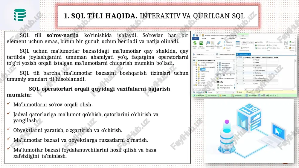 o'zgaruvchidagi vaqt qiymatini saqlaydi. cheklanmagan t/r ma'lumotlar turi tavsif 1 clob maksimal sig'imi 2 gb bo'lgan katta belgili ob'ektlarni saqlaydi. 2 blob katta ikkilik obyektlarni saqlaydi. 3 xml kiruvchi xml ma'lumotlarini saqlaydi. 4 json kiruvchi json ma'lumotlarini saqlaydi. 5 cursor kursor obyektini saqlaydi. 6 uuid umumjahon noyob identifikatorlarga ega. 7 blife tashqi fayllarda saqlangan ikkilik ma'lumotlarni saqlaydi. 3. sql tilining komandalarini tuzilishi va sintaksisi create table create table talaba ( id_talaba int primary key not null, fish varchar2(70),yoshi int, stipendiyasi int) ddl (data definition language, ma'lumotlarni aniqlash tili): drop – bu butun ma'lumotlar bazasini yoki shunchaki jadvalni o'chirish uchun ishlatiladi. 3. sql tilining komandalarini tuzilishi va sintaksisi dql (data query language): dml(data manipulation language): 3. sql tilining komandalarini tuzilishi va sintaksisi dcl (data control language – ma’lumotlarni boshqarish tili): 1. grant – bu foydalanuvchi hisobiga imtiyozlar berish operatoridir. privileges_name - bu foydalanuvchiga berilgan kirish huquqlari yoki imtiyozlari. object - bu …