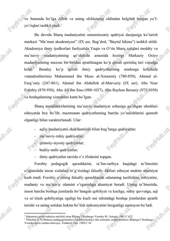 datga erishuv haqida”, ”fanlarning tasnifi”, ”falsafani o’rganishdan oldin nimani bilish kerakligi to’g’risida”, ”ilmlar va san’atlar fazilati” kabi koplab risolalarida insonning ma’naviy rivojlanishi ilm-ma’rifatga bog’liqligini ta’kidlaydi. abu rayhon beruniy bilim umuminsoniy qadriyatlarni o’rganishning kaliti ekanligini alohida ta’kidlaydi. ilm-ma’rifatli odam jamiyat taqdiri, insonlar taqdiri uchun kurashuvchan, barcha yomonliklardan uzoqdir. ”ilmning foydasi ochko’zlik bilan oltin-kumush to’plash uchun bo’lmay, balki u orqali inson uchun zarur narsalarga ega bo’lishdir” umuman, abu rayhon beruniy ilm-fanning buyuk homiysi va muxlisi sifatida mamlakatning obodonchiligi ilm-fanning gullashida, odamning baxti esa uning bilim va ma’rifatida deb bildi. yaratgan asarlarida u ta’lim-tarbiyaga doir she’r va hikmatlardan misollar keltirib, ular orqali har bir inson o’z qalbining farmoyishiga ko’ra xayr-ezgulikka intilishi, sun’iy obro’, shuhrat qozonish uchun muruvvat va sharofat ko’rsatmasligi kerakligini ta’kidlaydi. yusuf xos hojibning ”qutadg’u bilig” asarida aqliy, axloqiy, mehnat, jismoniy va nafosat tarbiyasiga doir fikrlari katta tarbiyaviy ahamiyatga egadir. u insonni ulug’laydi. uning fikricha, insonning ulug’ligi aql-idroki, so’zlash qobiliyati, bilimi, uquvi, …