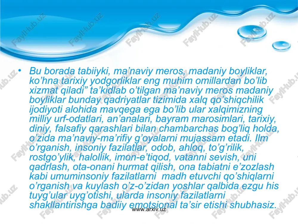 i mazkur darslar doirasida ommaviy janrlar, xususan, milliy qo’shiqchilik cholg’u ansamblini tashkil etishni o’rgatishning uslublari hamda tarixiga nazar va ommaviy janrlarning yangi texnologiyalari bilan qo’llashning ahamiyatini aniqlash hisoblanadi. biriuv malakali ishning ob’ekti va predmeti. www.arxiv.uz www.arxiv.uz www.arxiv.uz www.arxiv.uz bitiruv malakali ishning metodik asoslari bo’lib, o’zbekiston respublikasi prezidenti islom abdug’aniyevich karimovning asarlari, san’atshunos olimlarning tadqiqot natijalari xizmat qiladi. shuningdek, bitiruv malakali ishni tayyorlashda davlat ta’lim standarti hamda ta’lim sohasidagi o’zbekiston respublikasi qonunlari, o’zbekiston respublikasi prezidenti farmonlari va qarorlari vazirlar mahkamasining qaror va farmonlaridan keng foydalanilgan. bitiruv malakali ishning metodik asoslari www.arxiv.uz www.arxiv.uz mustaqil rivojlanish yo’lida dadil odimlayotgan respublikamizni jahondagi eng ilg’or mamlakatlar darajasida ijtimoiy-iqtisodiy, siyosiy, ma’naviy-ma’rifiy rivojlanishiga ko’p jihatdan yosh avlodni ta’lim tarbiyasiga bog’liqdir. shuning uchun ham mustaqillikning dastlabki yillaridan eng avvalo ta’lim tizimini isloh qilish, uni milliy ma’naviy qadriyatlar negizida shakllantirish jismoniy sog’lom, ma’naviy yetuk, aqliy barkamol insonlarni tarbiyalashga asosiy e’tibor qaratildi. resbublikamiz prezidentining bu boradagi sa’yi-harakatlari natijasida ta’lim-tarbiya masalasi …
