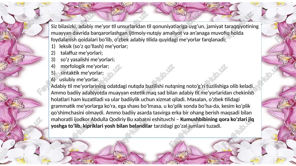 i shishkalardan. sudya. (sh. xolmirzayev) 2. hademay bir-ikkita sovlig’im qo’zilaydi. og’iz ichgali bemalol tashrif buyurishlaring mumkin. (sh. xolmirzayev) 3. akalari izidan samarqand borsa, «ko’nglim shuni xohladi, borib aytinglar otamga», – deb ularni qaytarib yuborgan ekan. (erkin a’zam) 4. yo’q, qorin janoblari to’qlar, ertalab baliq yegan edik, faqat choy bo’lsa kifoya, – dedi u kulib. (n. aminov) image1.png image2.jpeg image3.png image4.png image5.png image6.png image7.png /docprops/thumbnail.jpeg nutuq to g riligi. nutuq jarayonidagi nolisoniy vositalar, 06 izakiso rov