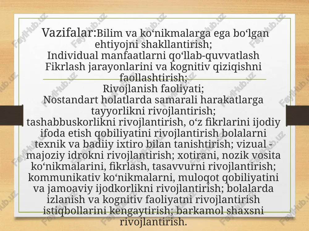 ini qayd etadi, agar shunday bo‘lsa, muammolar pedagogning va bolalarning va uning ota-onalarining shaxsiy ishi bilan belgilanadi. shunday qilib, rivojlanish markazlarida to‘g‘ri tashkil etilgan ishlar har bir bolaga o‘ziga yoqadigan narsani topishga, uning kuchli va qobiliyatiga ishonishga, kattalar va tengdoshlar bilan o‘zaro munosabatlarni o‘rganishga, tushunishga imkon beradi va ularning his-tuyg‘ularini va xatti-harakatlarini baholashga imkon beradi va aynan shu rivojlanayotgan ta’lim asosida yotadi. ta’lim metodlarini tanlab olish shartlari 1. ta’limning umumiy maqsadlari. 2. fanning va o‘rganilayotgan mavzuning mazmuni hamda o‘ziga xosliklari. 3. biror fanni o‘qitish metodikasining o‘ziga xosliklari. 4. materialni o‘rganishga ajratilgan vaqt. 5. o‘quv mashg‘ulotining maqsadi, vazifalari va mazmuni. 6. bolalarning yoshi va bilish imkoniyatlari. 7. bolalarning tayyorgarlik darajasi. 8. ta’lim muassasasining moddiy ta’minlanganligi. 9. pedagogning nazariy, amaliy va metodik tayyorgarligi, pedagogik mahoratni egallaganlik darajasi. ta’lim metodlari og‘zaki ko‘rgazmali amaliy og’zaki metod hikoya suhbat tushuntirish ma’ruza munozara ko’rgazmali metod illyustratsiya demonstratsiya amaliy metod mashq amaliy laboratoriya didaktik qurish –yasash faoliyati …