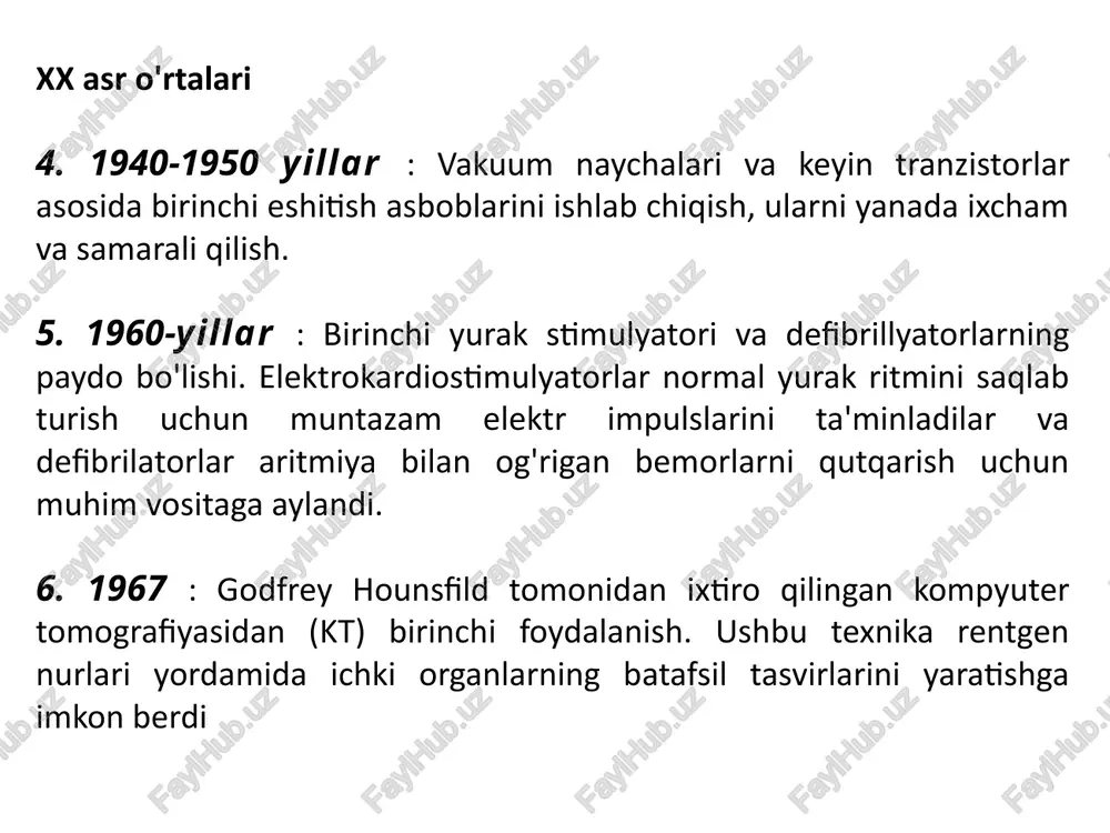 ddalar va lazerlardan foydalanish. xulosa tibbiy elektron texnologiyalarning rivojlanish tarixi-bu kashshof g'oyalar va ixtirolar tibbiyotni tubdan o'zgartirib, tashxis qo'yish, davolash va bemorlarning sog'lig'ini kuzatishni yaxshilash yo'lidir. - 21-asr: telemeditsina, taqiladigan qurilmalar, sun'iy intellekt va robot tizimlarining jadal rivojlanishi. ushbu texnologiyalar shifokorlarga bemorlarning sog'lig'ini real vaqtda kuzatish, yuqori aniqlikdagi murakkab operatsiyalarni o'tkazish va shaxsiylashtirilgan tibbiyot uchun katta ma'lumotlardan foydalanish uchun yangi vositalarni taqdim etdi. tibbiy elektron texnologiyalarning kelajagi. har yili texnologiya rivojlanishda davom etmoqda. tibbiy elektron qurilmalarning kelajagi quyidagilarni o'z ichiga oladi:- nanomeditsina: dori-darmonlarni etkazib berish va kasalliklarni hujayra darajasida davolash uchun nanozarrachalardan foydalanish.-sun'iy intellekt**: diagnostika aniqligini oshirish va shaxsiylashtirilgan davolash rejalarini ishlab chiqish.- telemeditsina: bemorlarni masofadan turib kuzatish va davolash imkoniyatlarini kengaytirish.- bioprinting: transplantatsiya uchun moslashtirilgan to'qimalar va organlarni yaratish.ushbu texnologiyalar bemorlarning hayot sifatini yanada yaxshilashga, davolash samaradorligini oshirishga va sog'liqni saqlash xarajatlarini kamaytirishga va'da beradi. oxir oqibat, tibbiy elektron texnologiyalarning rivojlanish tarixi insoniyat salomatligi va farovonligini yaxshilashga doimiy intilish …