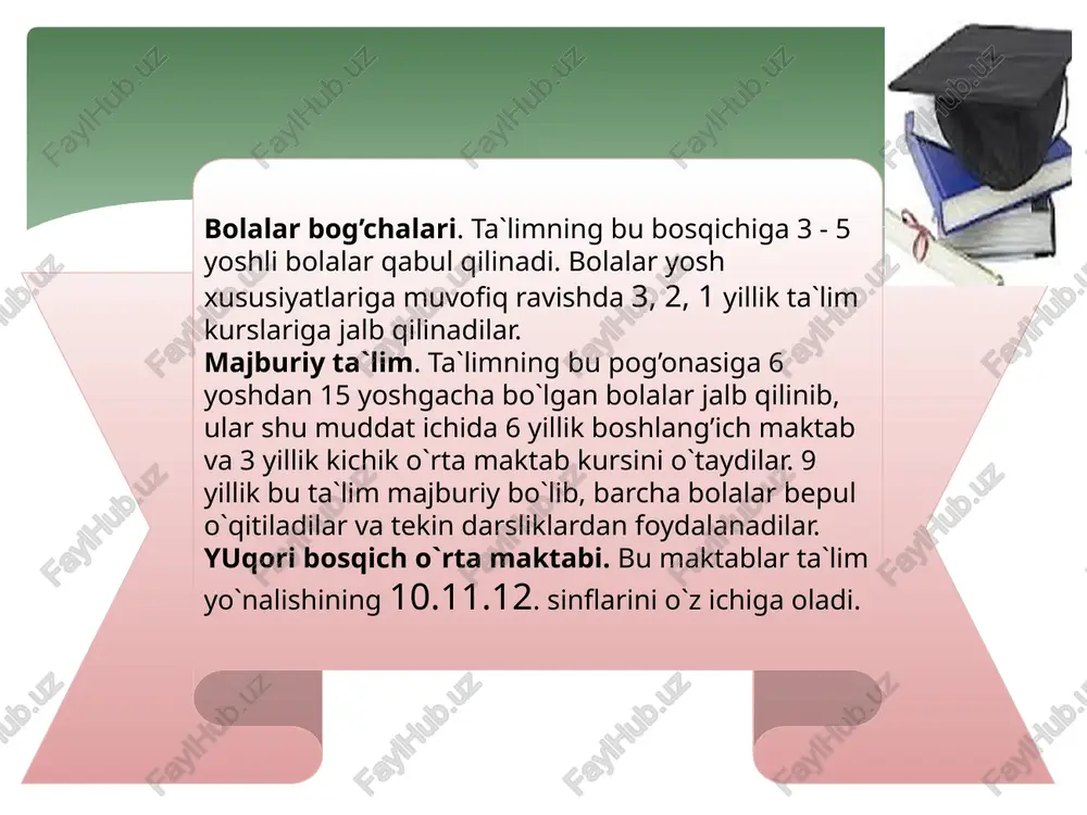 adi. 2-bakalavr 4 yillik kollejlarda amalga oshiriladi. 4 yillik kollej yoki dorifununni tugatgan 3-bosqichni davom ettirish mumkin, bu 1-2 yillik magistr maktabi. 4 - bosqich aspirantura, doktorantura aqshda kasb-hunar ta’limi. aqshda 1132 ta kasb-hunar kollejlari bor. bu kollejlarda 15,2 mln talaba tahsil oladi. aqshdagi mavjud 1132 kollejdan 94 tasi davlat tomonidan tashkil qilingan va davlat tomonidan moliyalashtiriladi. qolgan 1038 ta kollej xususiy kollejlar hisoblanadi. aqshdagi eng nufuzli kollejlardan biri: green river community college, (auburn, washington). kollejga 1963-yilda vashington shtatidagi ouburn shahrida asos solingan. hozirgi kunda unda 11000 nafar talaba tahsil oladi. shundan 800 ta talaba dunyoning 40 dan ortiq davlatlaridan kelgan chet elliklardir. kollej 85 dan ortiq yo’nalishlar bo’yicha o’qishga taklif qiladi, masalan: astronomiya, antropologiya, aviatsiya, biznes, biologiya, kimyo, iqtisodiyot, informatika, raqs, kriminologiya, sotsiologiya va texnologiya xulosa. men bu kurs ishimni bajarib, yevropa mamlakatlarida ta’lim tizimi, masalan yaponiya, frantsiya, germaniya va boshqa davlatlar ta’lim tizimi, ularning ta’limiga qo’yiladigan talablar haqida …