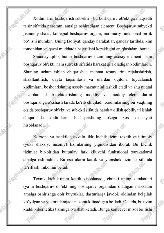 ushmasi - brigada, laboratoriya, kasaba uyushmasi, shuningdek, umuman, korporastiya bo’lsin, ular o’z kizikishlari, birinchi navbatda, moddiy iqtisodiy va ijtimoiy manfaatlariga ega bo’ladi. ayrim kishilar manfaatlari bilan korporastiya manfaatlarini bir-biriga boglash, uning strategik maksadlari bilan muvofiklashtirish menejmentning eng muxim va ancha murakkab vazifasi xisoblanadi. firmaning muvaffakiyatli ishlashi ana shu vazifa yaxshi ado etilishiga bog`liq bo’ladi. korporastiyaning tashkiliy tuzilishida ijtimoiy tizimga ayrim ma’muriy bo’linmalar (gurux, bo’lim, departament ) to’gri keladi. bu erda fakat nom va mikyosgina emas, balki inson resurslarini o’rganish va ularni boshqarish soxasidagi bunday ixtisoslashgan gurux ajratib ko’rsatilishining o’zi xam axamiyatga ega. korxona va tashkilot sostiotexnik tizim bo’lganligi sababli fakat bir element ustida ishlash bilan yaxshi umumiy natijaga kelib bo’lmaydi. tashkiliy muxitning murakkablashuvi korxona va tashkilot a’zolarining intilishi xilma-xil va ziddiyatli bo’lib borgani sari xodimni boshqarishga ko’rsatiladigan tazyik xam ortib boradi. afsuski, ko’pgina tajribali kishilar xozirga kadar o’zlarini tashkiliy muammolardan uzok tutib, texnik mutaxassislarga o’xshab yuradilar. ular texnik dasturlar va …