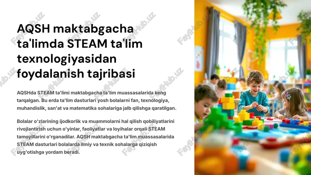 liyaviy resurslar talab etiladi. bu materiallar, jihozlar va mutaxassislarni tayyorlashni o'z ichiga oladi. 2 2. ta'lim muhitini yaratish maktabgacha ta'lim muassasasida steam dasturlarini o'tkazish uchun mos muhit kerak. bu o'yin maydonchalari, laboratoriyalar va ijodiy zonalarni o'z ichiga oladi. 3 3. pedagogik kadrlarni tayyorlash steam dasturlarini samarali amalga oshirish uchun o'qituvchilarni steam ta'limi usullarini bilishga o'rgatish kerak. 4 4. oila va jamoatchilikning qo'llab-quvvatlashi steam ta'lim texnologiyasining muvaffaqiyati oila va jamoatchilikning qo'llab-quvvatlashiga bog'liq. ular bolalarni steam bilan tanishtirishga yordam berishlari mumkin. 10 steam ta'lim texnologiyasining maktabgacha ta'limda bosqichma-bosqich joriy etilishi 1 ta'lim dasturi va o'quv materiallarini tanlash maktabgacha ta'lim dasturiga mos keladigan steam ta'lim dasturi va o'quv materiallarini tanlash. 2 o'qituvchilarni tayyorlash steam ta'lim texnologiyasidan foydalanish bo'yicha o'qituvchilarni malaka oshirish. 3 o'quv muhitini yaratish steam faoliyatlari uchun moslashtirilgan o'quv muhitini yaratish. 4 ota-onalarni jalb qilish ota-onalarni steam ta'limi bilan tanishtirish va ularni qo'llab-quvvatlash. steam ta'lim texnologiyasini maktabgacha ta'limga bosqichma-bosqich joriy etish o'qituvchilar …