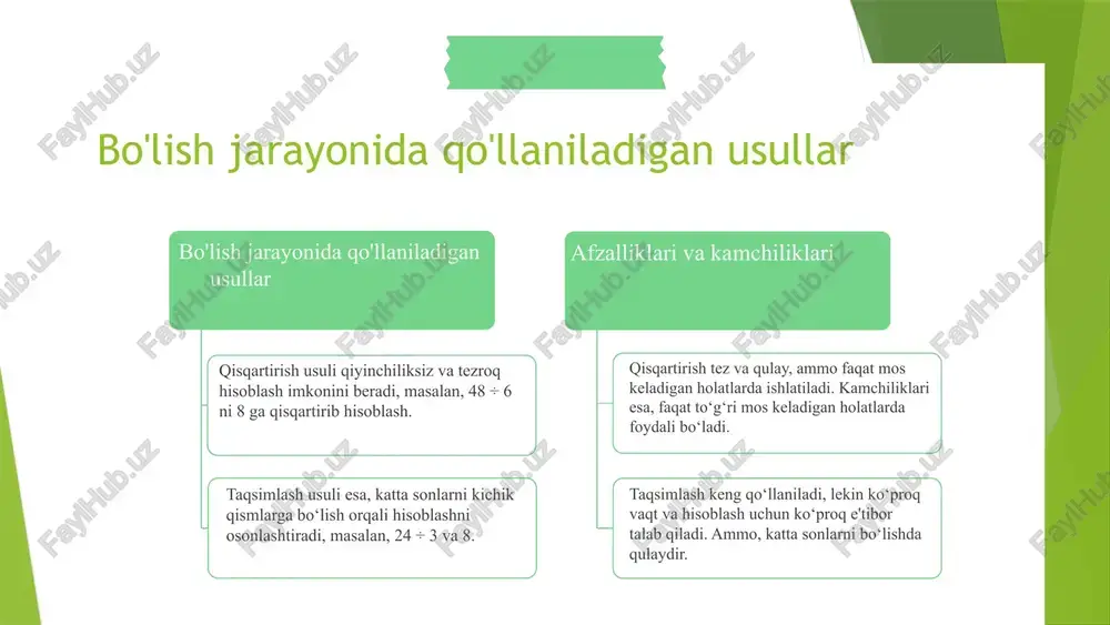 yon matematik va hisoblash ko'nikmalarini rivojlantiradi. bo'lish usullari va amaliy misollar bilan tushuntirish bo'lish usullari orasida qiyin bo'lganlarni soddalashtirish va fikrlashga asoslangan yondashuvlar mavjud. masalan, bo'lishni qismlarga ajratish yoki qoldiq usuli. misollar: 144 ni 12 ga bo'lish, 125 ni 5 ga bo'lish. bu misollar yordamida bo'lish jarayonini tushuntirish va amaliy mashqlar qilish mumkin. xulosa foydalanilgan adabiyotlar 1. akmalov m. o'qishda bo'linish jarayoni va usullari. o'qituvchilik metodikasi jurnali, 2020. 2. sulaymonov d. matematikada bo'lishni o'yinlar va amaliy misollar yordamida o'rgatish. o'zbekiston matematika jurnali, 2019. 3. islomov s. tez va to'g'ri hisoblash strategiyalari. o'zbekiston ta'lim portali, 2021. 4. qodirov m. mental arifmetika va bo'lish amaliyoti. o'zbekiston pedagogika va psixologiya jurnali, 2018. 5. yusufov a. raqamlar bilan ishlashda bo'lish va hisoblash texnikalari. o'zbekiston ta'lim muassasalari metodik qo'llanmasi, 2022. image1.png image19.jpg image2.png image3.png image4.png image5.png image6.png image7.png ,_\