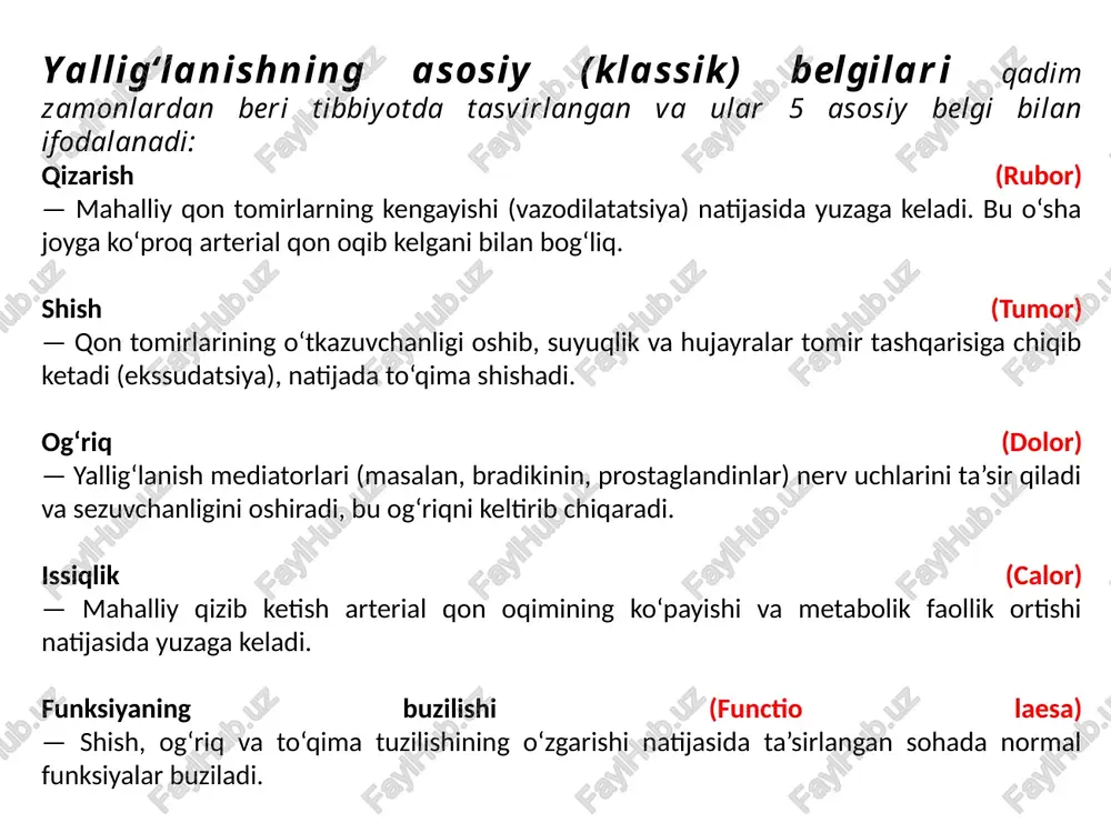 v a. — "patologik fiziologiya" toshpo‘latov x., azimov a. — "odam organizmining patologik fiziologiyasi" shodmonov m., muzafarov z. — "yallig‘lanish jarayonlarining patofiziologiyasi" xolmirzaev b. — "patologiya va tibbiy diagnostika" qodirov s. — "immunologiya va patologiya asoslari" image1.jpeg image2.jpeg image3.jpeg image4.jpeg image5.jpeg yallig'lanish patofiziologiyasi yallig'lanish, yal lig'lan is h. he ® etiologiyas! boo) patogenez i) yallig'lanish yallig'lanish : belgilari mediatorlari allig’lanish x. bo’yicha: © ekssudatli ( seroz, kataral, fibroz, gemmoragik); © proliferativ; © aralash; pneumoniya, o'pkaning o'tkir yallig'lanishi normal vasculitis /docprops/thumbnail.jpeg yallig‘lanish reja: 4. yaligtanish sushuachasi va mohiyas. yalliglanishaing acosiy belgie (dase belgiai). yalligtanish jarayonining tosgichlaei va satialas.