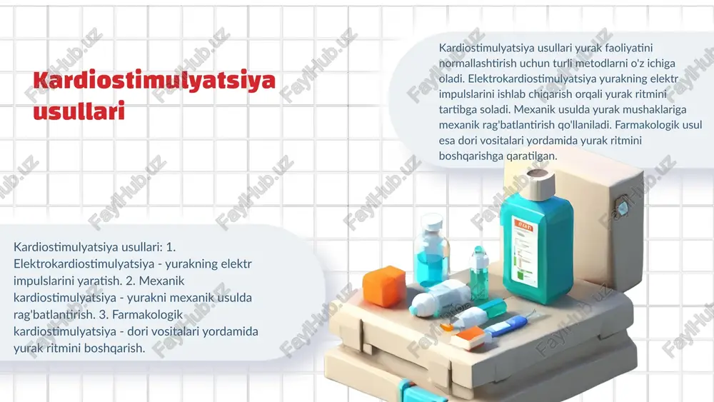 imdir. kardiostimulyatsiya orqali bemorlarning hayot sifatini oshirish mumkin, chunki u yurak ritmining barqarorligini ta'minlab, jismoniy faoliyatni kengaytiradi va umumiy sog'liqni yaxshilaydi. uzoq muddatli natijalarda, kardiostimulyatsiya bemorlarda yurakning normal funktsiyasini saqlashga yordam beradi, shuningdek, ularning umumiy sog'lig'ini va hayot davomiyligini uzaytiradi. kardiostimulyatsiya turini tanlashda bemorning individual ehtiyojlari va xavfsizlik aspektlarini hisobga olish muhim. professor a. n. toshkent kardiostimulyatsiya amaliyoti bu slaydda kardiostimulyatsiya amaliyotining asosiy maqsadlari va vazifalari, shuningdek, bemorlar uchun uning ahamiyati muhokama qilinadi. kardiostimulyatsiya yurak ritmiy buzilishlarini tuzatish uchun qilinadi. bu yurak faoliyatini normallashtirish va hayotni saqlashga qaratilgan. vazifalariga yurak ritmini stabil qilish, bradikardiya va bloklarni bartaraf etish, shuningdek, yurak monitoringi kiradi. elektr faoliyat boshqariladi. bemorlar uchun muhim, yurak normal ishlashini ta'minlab, yurak to'xtashining oldini oladi. to'g'ri tanlov bemorning hayot sifatini yaxshilaydi. kardiostimulyatsiya muammolari jarayon davomida qurilma nosozliklari, bemor noqulayligi va texnik muammolar yuzaga kelishi mumkin, muntazam tekshiruvlar muhim. muammolar va sabablari xatoliklar, joylashuv yoki parametrlar noto'g'ri tanlovi muammolarni keltirib …