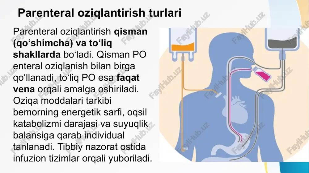 × w + 2036 14.8 × w + 485 30–60 yosh 54.7 × w + 2556 13.0 × w + 558 >60 yosh 49.0 × w + 2459 10.5 × w + 596 ayollar uchun: xususiyat harris benedict schofield o‘lchovlar vazn, bo‘y, yosh faqat vazn va yosh aniqligi biroz yuqori soddaroq, tez ishlatish joyi dietologiya, sport tibbiyoti reanimatsiya, oziqlantirish who tavsiyasi no ha, asosiy hisob formulasi parenteral oziqlantirishni boshlash tamoyillari parenteral oziqlantirish asta-sekinlik bilan boshlanadi. dastlab umumiy energiya ehtiyojining 50% i qoplanadi, so‘ngra 2–3 kun ichida to‘liq dozaga o‘tiladi. kontrast metabolik stress holatlarida, masalan, sepsis yoki politravmada, parenteral oziqlantirish erta boshlanishi muhim. bunday yondashuv katabolizmni kamaytiradi va organizmni anabolik holatga o‘tkazadi. oziqlantirishning monitoringi monitoring parenteral oziqlantirishning eng muhim bosqichidir. qon glyukozasi, elektrolitlar, qondagi azot qoldig‘i, jigar fermentlari va diurez miqdori nazorat qilinadi. har 24 soatda laborator tekshiruvlar orqali metabolik javob baholanadi. bemor holatiga qarab infuzion tezlik, eritma konsentratsiyasi va hajmi …