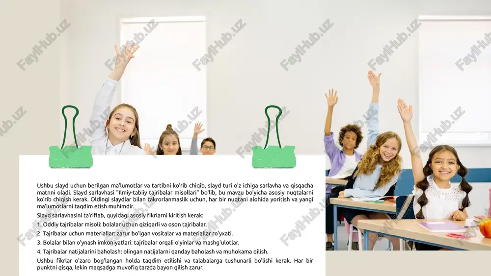 haqida ma'lumot beradi. o‘qituvchilar ushbu qoidalarni o‘rgatish orqali bolalarga ilm-fan va tajribalar bilan ishlashda kerakli ko‘nikmalarni rivojlantirishlariga yordam berishadi. **xavfsizlik qoidalariga rioya qilishning afzalliklari:** - bolalar xavfsiz va ishonchli muhitda o‘rganadilar. - tajribalar jarayonida jarohat olish xavfi kamayadi. - o‘qituvchilar bolalarga xavfsizlikni o‘rgatish orqali, ularning o‘ziga bo‘lgan ishonchini oshiradilar. - xavfsizlik qoidalariga rioya qilish bolalarning tajribalar jarayoniga qiziqishini kuchaytiradi. photo by aaron burden on unsplash xavfsizlik qoidalarining asosiy turlari xavfsizlik qoidalari eksperimentlarni xavfsiz o'tkazish uchun zarur. ushbu qoidalar har bir tajriba uchun muhimdir. kimyoviy moddalar kimyoviy moddalar bilan ishlashda ehtiyotkorlik juda muhimdir. har bir kimyoviy modda uchun xavfsizlik ko'rsatmalari mavjud bo'lib, ularni diqqat bilan o'qish va bajarish zarur. masalan, zaharli moddalar bilan ishlaganda maxsus qo'lqop va niqoblar kiyish lozim. jihozlar jihozlar tajribalar uchun muhim rol o'ynaydi. ularning toza va yaxshi ish holatida bo'lishi tajribaning muvaffaqiyatini ta'minlaydi. har bir jihozdan foydalanishdan oldin uning holatini tekshirib, zarur bo'lganda ta'mir qilish muhimdir. tajribalar …