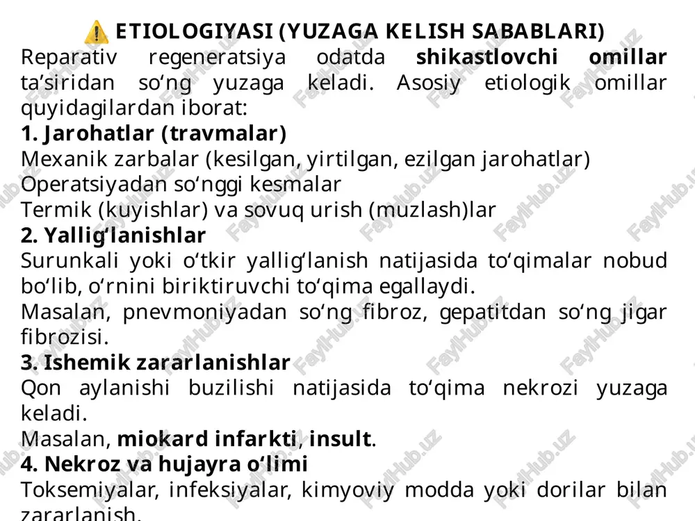 egeneratsiya mr = o110% cscnpocurs %hmepesecm : th vl g5 g chater v 2 mogenmnen ? @ o qisqacha jadval ko’ rinishida: turi tavsifi misollar to'liq bo'lmagan (inkomple) biriktiruvchi to'gima bilan tiklanadi miokard infarkti, chandiqlar hiperregeneratsiya normadan ortig tiklanish keloid, fibroz tabiiy va muvozanatli tiklanish suyak bitishi, jigar tiklanishi organizatsiya nekroz o'rnini biriktiruvchi to’gima yurakda chandig, plevra yopilishi egallaydi adaptiya bilan kompensator moslashuv iki buyrakdan birining yo'qligida ikkinchisining kattalashuvi +s mncrpymenr: q @ chatgpt moker aonyckart omgkh, pekomehayem npobepats baxhyio mhopmalwno. 9 ooo @ mg ows @ pa6ounii cron” a @ 5 aol 4) enc ml, © crraic §) reperati reperati reperati perenepe | &® jigardare' | @ google | @ reparativ: |@ @ = _ a <€ @ g @ chatgpt.com reparativnaya regeneratsiya mr = o110% chcnpocurs % mepesecm : (h a$ g chatgpt v 2 mogenmnen ? @ o misollar (tibbiy amaliyotdan): holat tushuntirish yurak infarkti miokard (yurak …