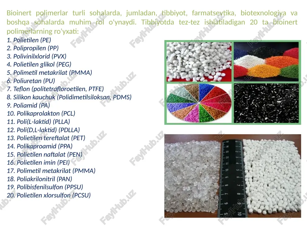 oki titan kabi bioinert materiallardan tayyorlanadi. shu bilan birga, kollagen yoki fibrin kabi biologik faol materiallar davolanishni rag'batlantirish va qon ivish xavfini kamaytirish uchun ishlatilishi mumkin xulosa bioinert polimerlar faol biologik javobni keltirib chiqarmaydigan va biologik tizimlar bilan minimal darajada o'zaro ta'sir qiladigan materiallar sinfidir. ular tibbiy amaliyotda tanaga kiritilgan implantlar, tibbiy asboblar, tikuvlar va boshqa mahsulotlarni yaratish uchun keng qo'llaniladi. bioinert polimerlar zamonaviy tibbiyot va biotibbiyot texnologiyasida muhim rol o'ynaydi, turli xil tibbiy dasturlarda xavfsiz, ishonchli va samarali foydalanishni ta'minlaydi. ularning bioinertlik va kimyoviy barqarorlik xususiyatlari ularni innovatsion tibbiy asboblar va asboblarni yaratish uchun qimmatli materiallarga aylantiradi, bu esa bemorlarning hayot sifati va davolash natijalarini yaxshilashga yordam beradi. bioinert polimerlar bo'yicha keyingi tadqiqotlar yangi texnologiyalar va materiallarning rivojlanishiga, ularning samaradorligini oshirishga va tibbiyot sohasida qo'llanilishini kengaytirishga yordam beradi. foydalanilgan adabiyotlar: “handbook of biodegradable polymers: isolation, synthesis, characterization and applications" by surya mallapragada “polymeric biomaterials, second edition, revised and expanded" …