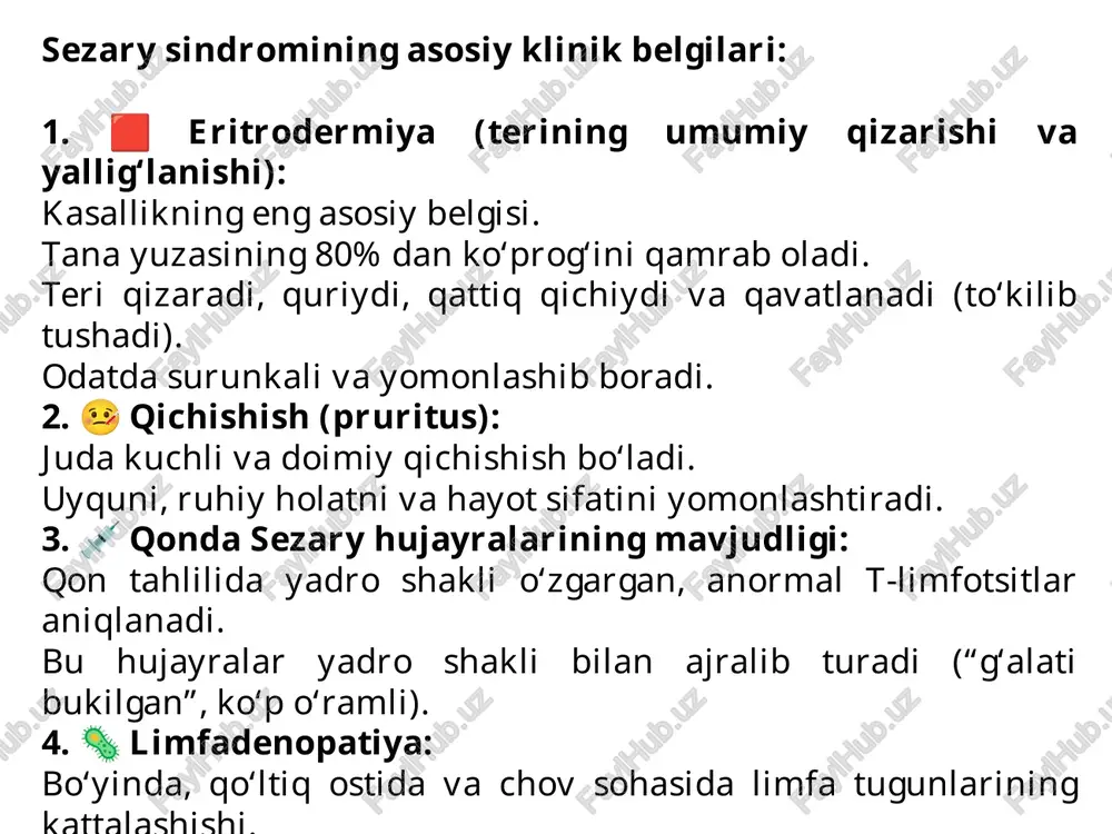 iyskie klinicheskie rekomendatsii po kojnim limfomam – ronts im. n.n. bloxina, minzdrav rf image1.jpeg image2.png image3.png image4.jpeg image5.jpeg image6.jpeg image7.jpeg mycosis fungoides/sézary syndrome gpt-4| openal ee gd sezary sindromi — arne sezary sindromi:1 rca: | @ @ = _ 2 @ chatgpt.com sezary sendromu hakkinda a 110% a*mepesectn iva} g5 @ chatcpt v & mogenureca @ umuniashtirilgan simptomlar jadvali tizim belgilar teri eritrodermiya, gichishish, qurish, qavatlanish qon sezary hujayralari limfa tugunlari limfadenopatiya soch va tirnog soch to’kilishi, timoglarning mo'rtlashuvi umumiy ahvol holsizlik, ozish, isitma immun tizimi infeksiyalarga nisbatan yugori sezuvchanlik vv lo osama o2aeke pagounti cron” a @ 0) rng 5, ® sezarysendromu hak | @ sezary sindromi sezarysindromi: 1c re. e q@= _a2 @ fotokoshki.ru cynapom cezapn knuhiueckve pexomehfaun 2024 tectoi @mepesecm =: (8 = -_ = teveparop naponeli cmottpute tae tect sanop no yt8epxkqehhbim knmhmyeckmm pekomenaaynam 2021 mohohesponatii knmhmeckhe pekomehaaln 2022 tect ‘sk3ema knhhimmeckhe pekomehnaymn 2024 tectbl crpwxtypa …