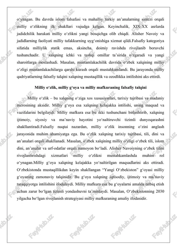 , an’analar va urf-odatlar orqali namoyon bo‘ladi. alisher navoiyning o‘zbek tilini rivojlantirishdagi xizmatlari milliy o‘zlikni mustahkamlashda muhim rol o‘ynagan.milliy g‘oya xalqning kelajakka yo‘naltirilgan maqsadlarini aks ettiradi. o‘zbekistonda mustaqillikdan keyin shakllangan “yangi o‘zbekiston” g‘oyasi milliy g‘oyaning zamonaviy talqinidir. bu g‘oya xalqning iqtisodiy, ijtimoiy va ma’naviy taraqqiyotga intilishini ifodalaydi. milliy mafkura esa bu g‘oyalarni amalda tatbiq etish uchun zarur bo‘lgan tizimli yondashuvni ta’minlaydi. masalan, o‘zbekistonning 2030 yilgacha bo‘lgan rivojlanish strategiyasi milliy mafkuraning amaliy ifodasidir. axloqiy qadriyatlar tizimida milliy an’analar va urf-odatlar axloqiy qadriyatlar xalqning ma’naviy hayotining asosini tashkil qiladi. milliy an’analar va urf-odatlar esa bu qadriyatlarning amaliy ifodasi sifatida xizmat qiladi. o‘zbek xalqining axloqiy qadriyatlar tizimida mehr-oqibat, hurmat, sadoqat, mehmondo‘stlik va oilaga sadoqat kabi qadriyatlar markaziy o‘rin tutadi.masalan, o‘zbek xalqining mehmondo‘stlik an’anasi nafaqat ijtimoiy munosabatlarni mustahkamlashga xizmat qiladi, balki axloqiy qadriyat sifatida insonlar o‘rtasidagi o‘zaro hurmat va mehrni rivojlantiradi. bu an’ana o‘zbek xalqining o‘ziga xos axloqiy qiyofasini shakllantiradi. shu bilan birga, “kot-kot” …